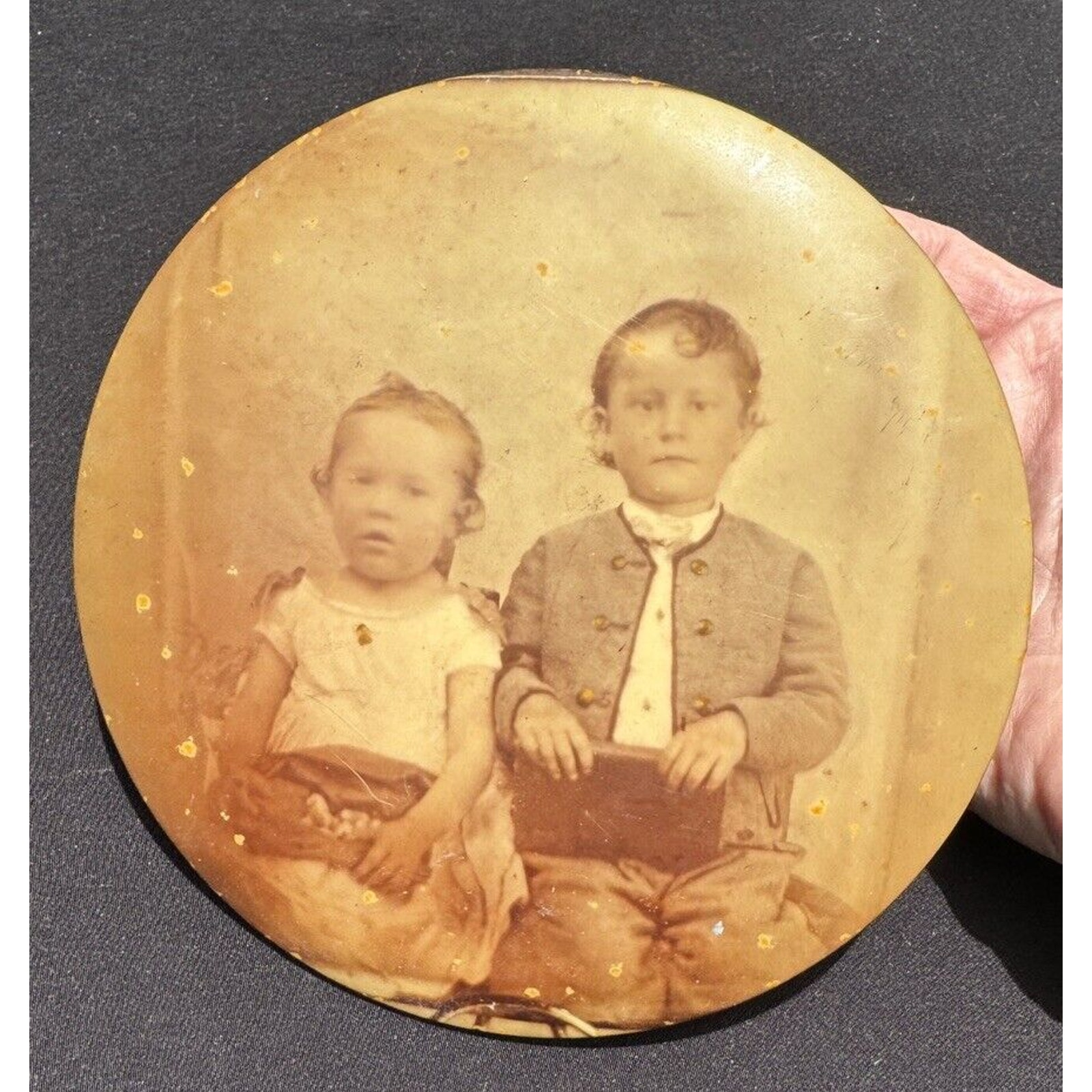 Civil War Boy Pretend Soldier Tintype Round Celluloid 6” Photo Boy & Girl -A85