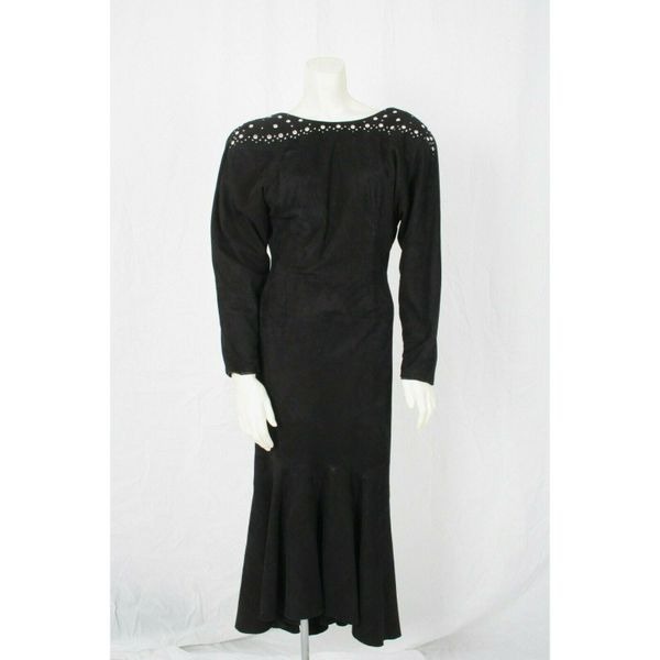 Vintage 80s Black Mermaid Suede Leather Dress W Rhinestones Sz 4