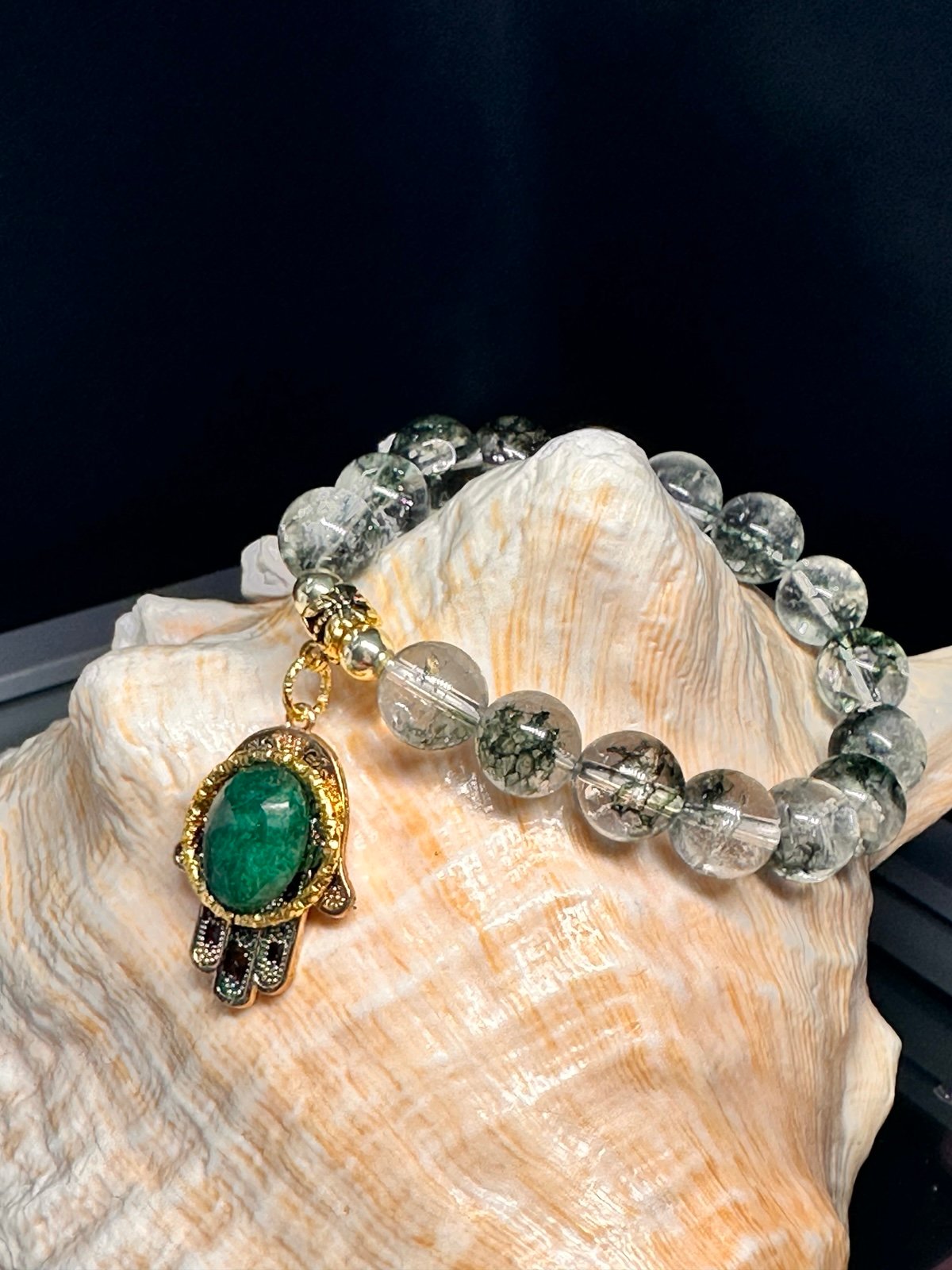 GREEN PHANTOM QUARTZ + ZAMBIAN EMERALD + HAMSA NATURAL STONES BRACELET size7”