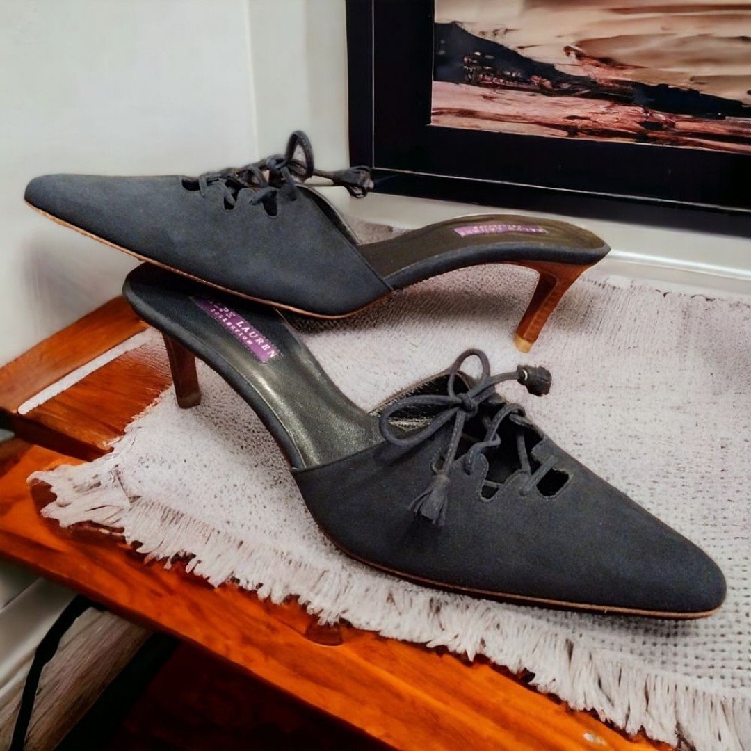 Ralph Lauren Collection Purple Label Suede Kitten Heel Mules, VTG, Size 10, Navy