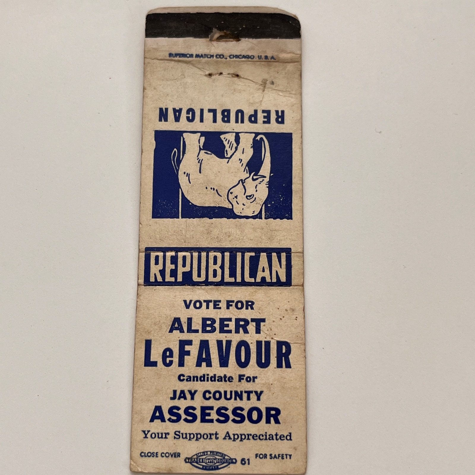 Vote Albert LeFavor Jay County Assessor Republican Vintage Matchbook TB6-MB2-15