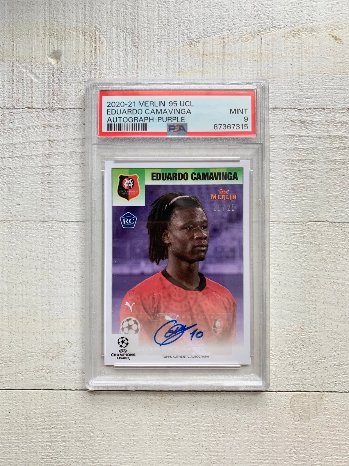 2020-22 Topps Merlin Heritage Eduardo Camavinga RC autograph /25 purple PSA 9