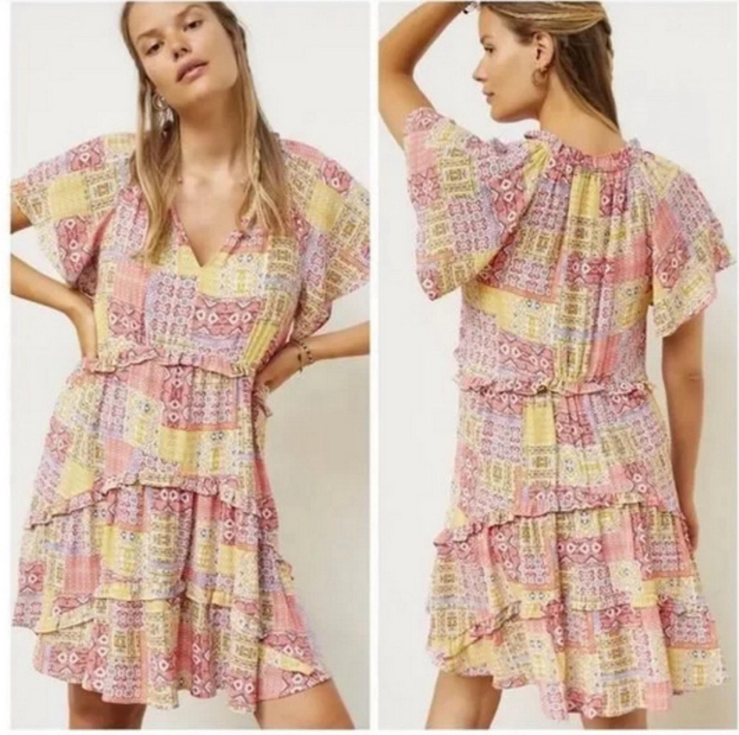 Anthropology Mini Dress Tiered Flowy Sundress Small Floral Geometric Color Block