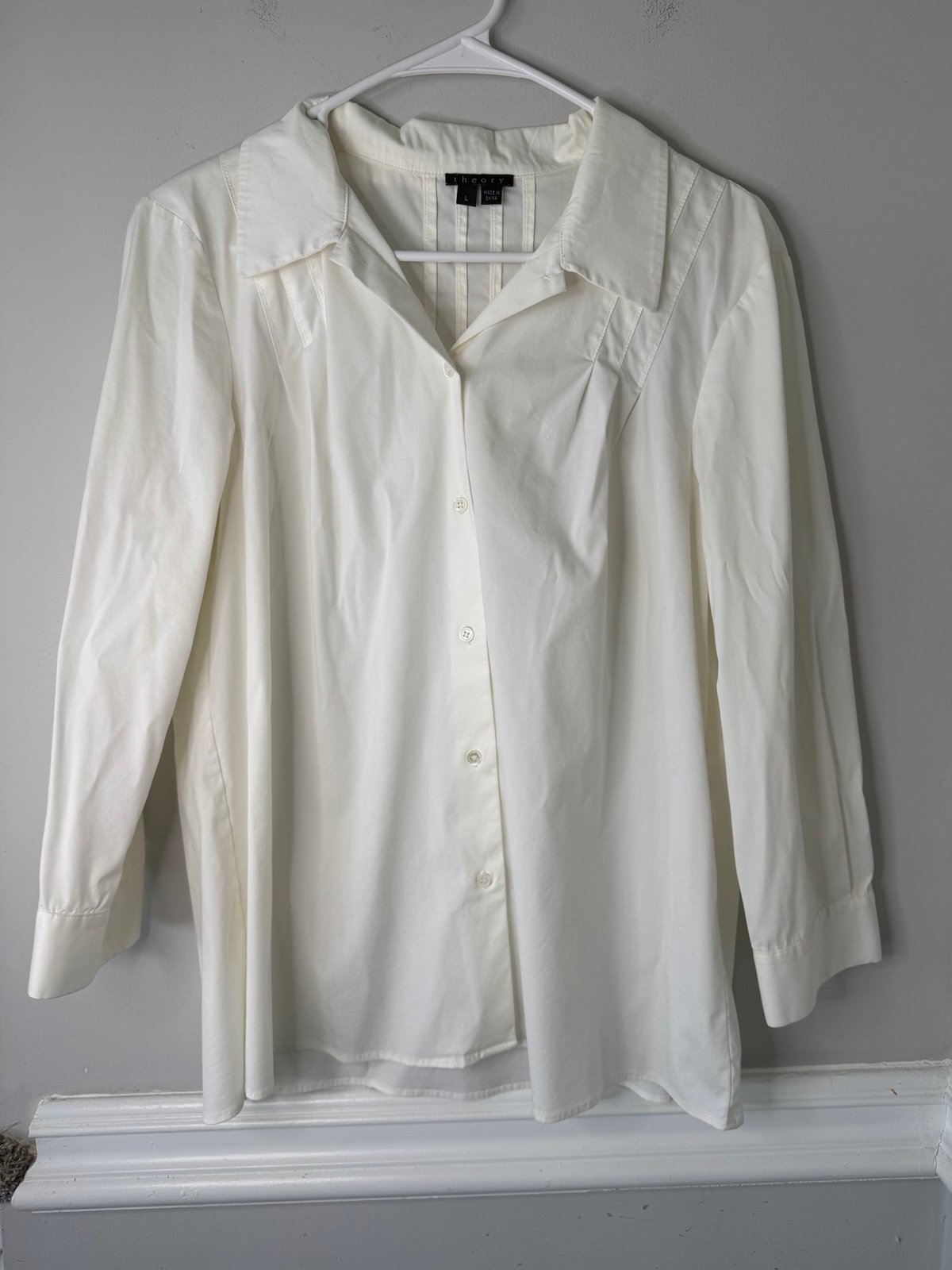 Theory Women’s 3/4 Sleeve Ivory Button Down Pleated Large Office Casual Preppy