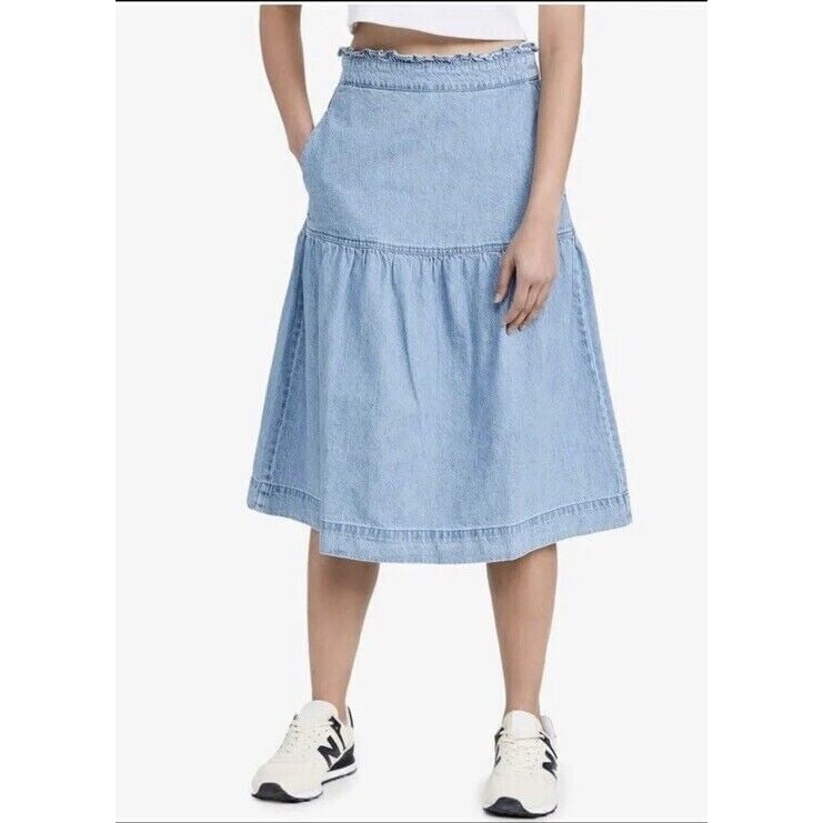 Madewell Denim Pull-On Midi Skirt Women S EUC 108 Pockets Elastic Waist Cotton