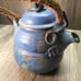 Stoneware Pottery Tea Pot Bamboo Handle Unbranded Pre-loved Blue/Green Coloring