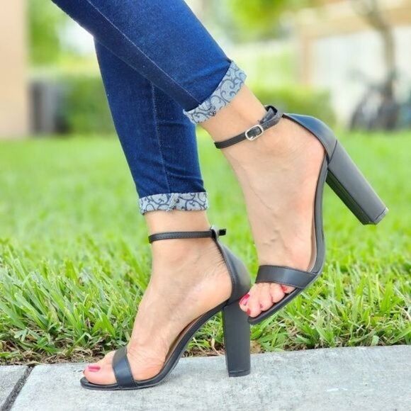 Black PU Ankle Strap Block Heel Dress Sandals