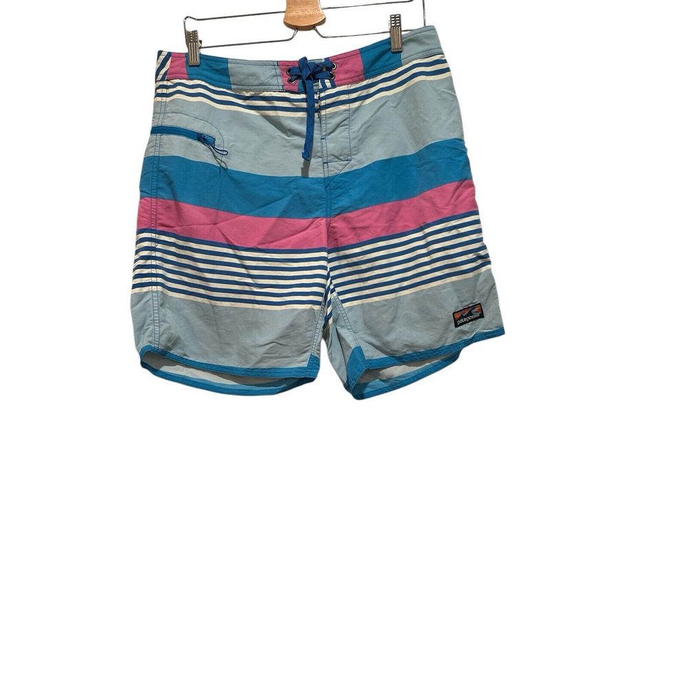 Patagonia Board Shorts Mens 34 Blue Pink Striped Unlined Swim Trunks Wave Logo