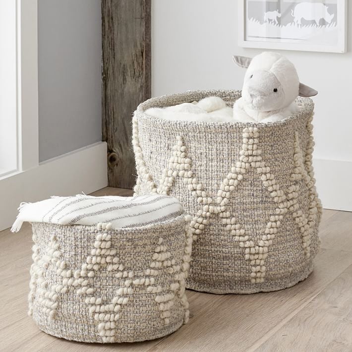 Pottery Barn Kids Metallic Woven Wool Nursery Storage Basket 16”x16” round base