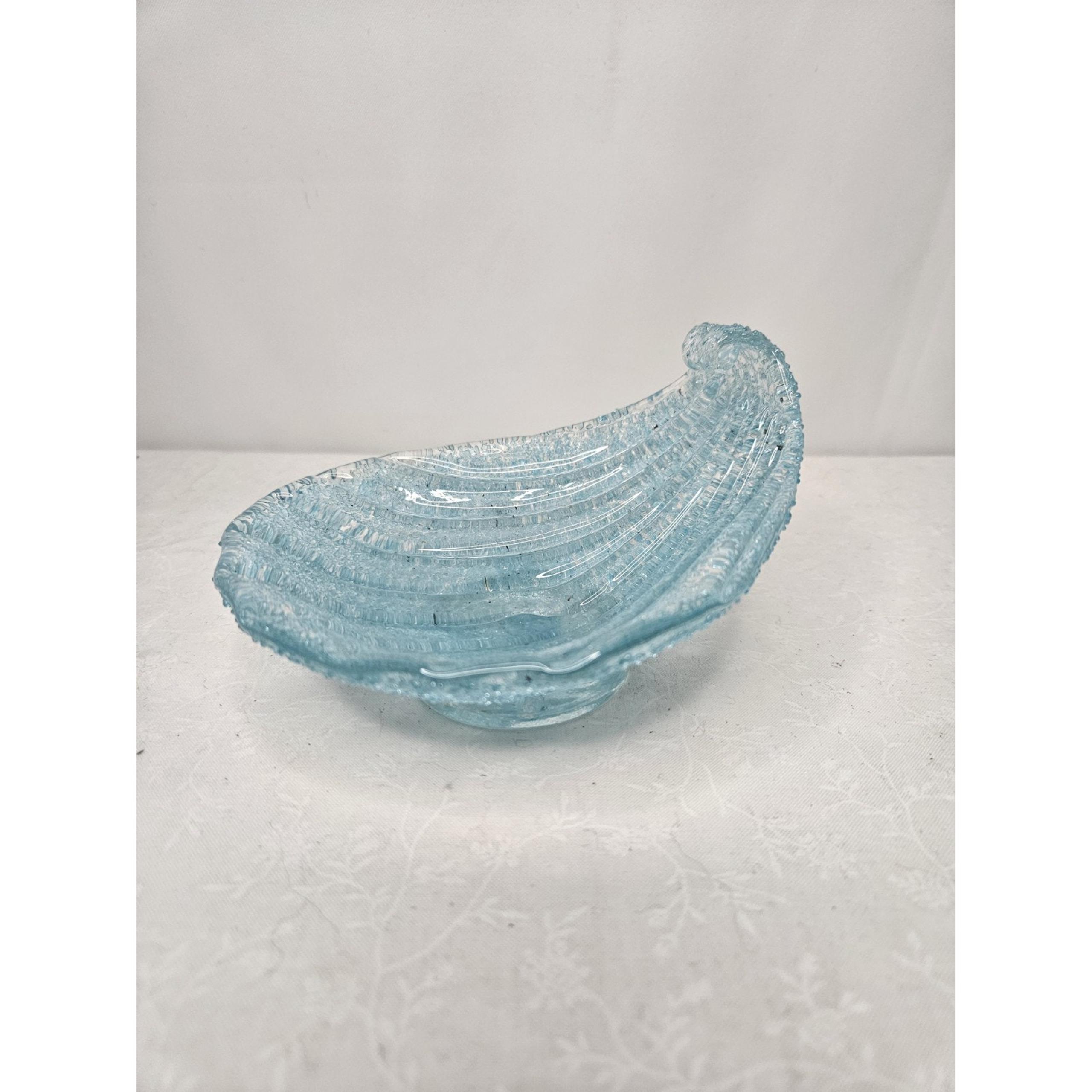 Vintage Aqua Murano Dish Translucent Ice Frosted Seashell Dish 60s Midcentury