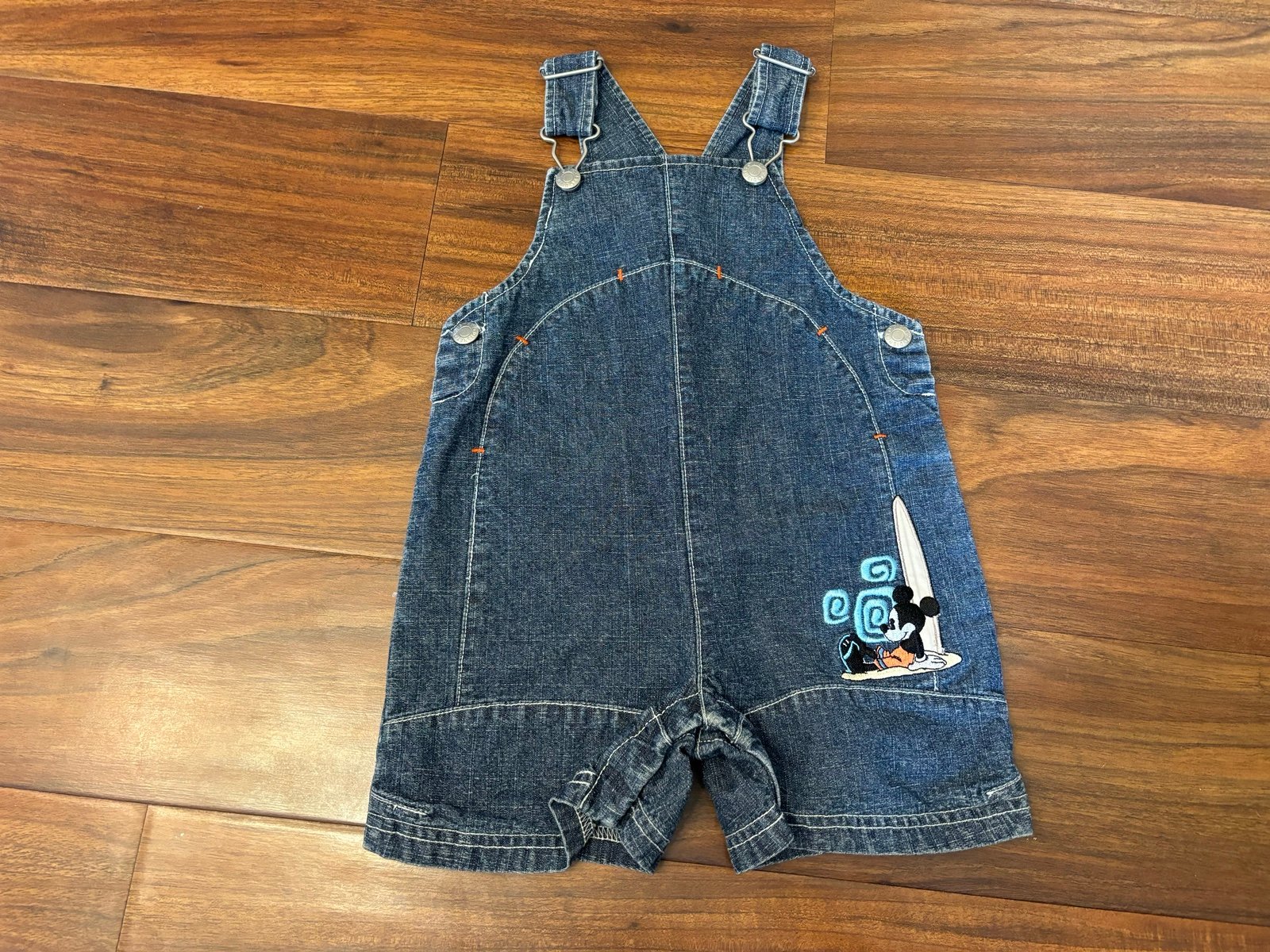 Disney Store Vintage Mickey Mouse Denim Surfing Overall Shorts.