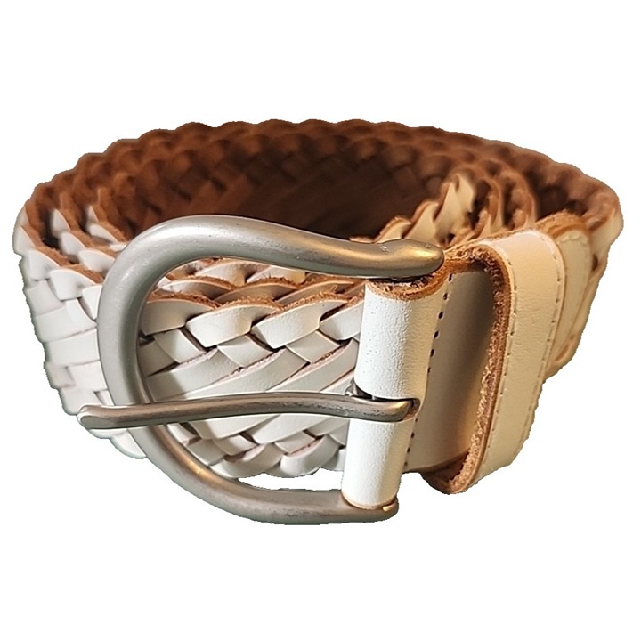 Large Wide White Woven Leather Belt Brass Buckle Coldwater Creek Womens New