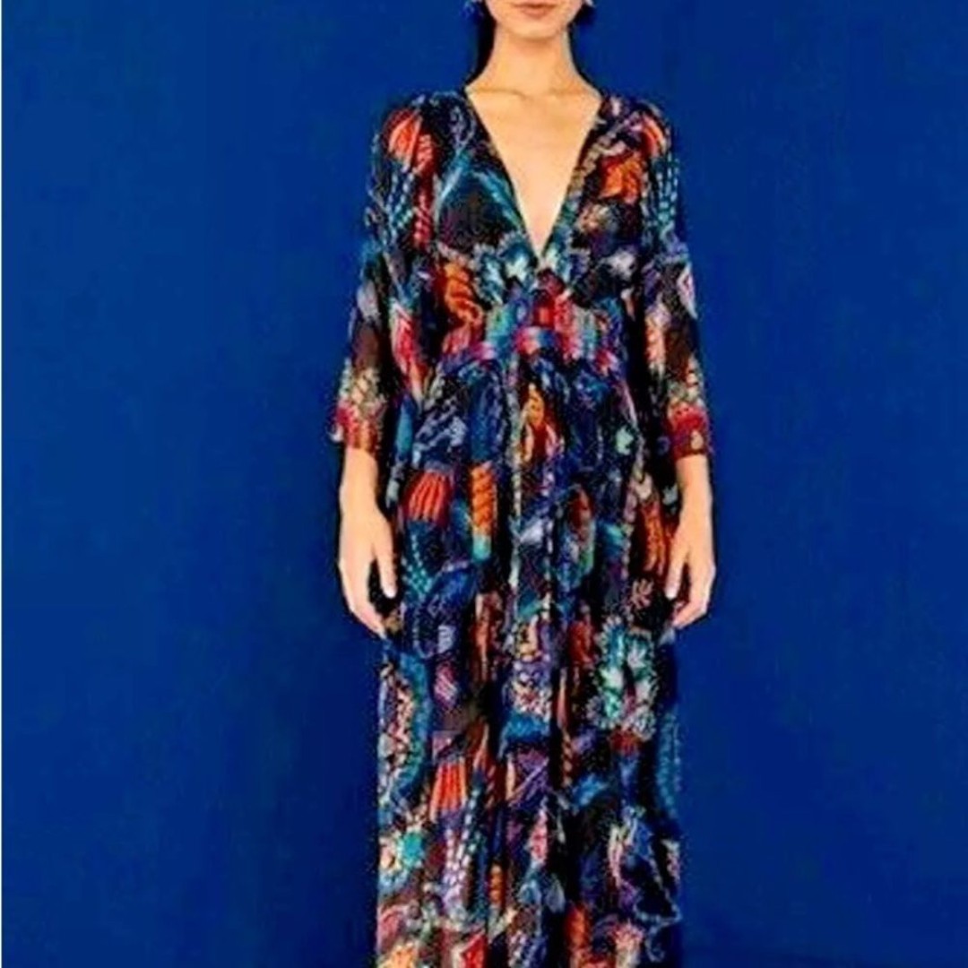 FarmRio/sml-black sunset kaftan dress. Colorful Patterned Maxi Dress