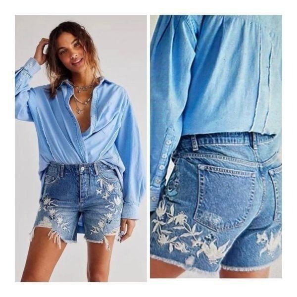 NEW Free People You're My Butterfly Embroidered Shorts Size 25 High Rise Relaxed