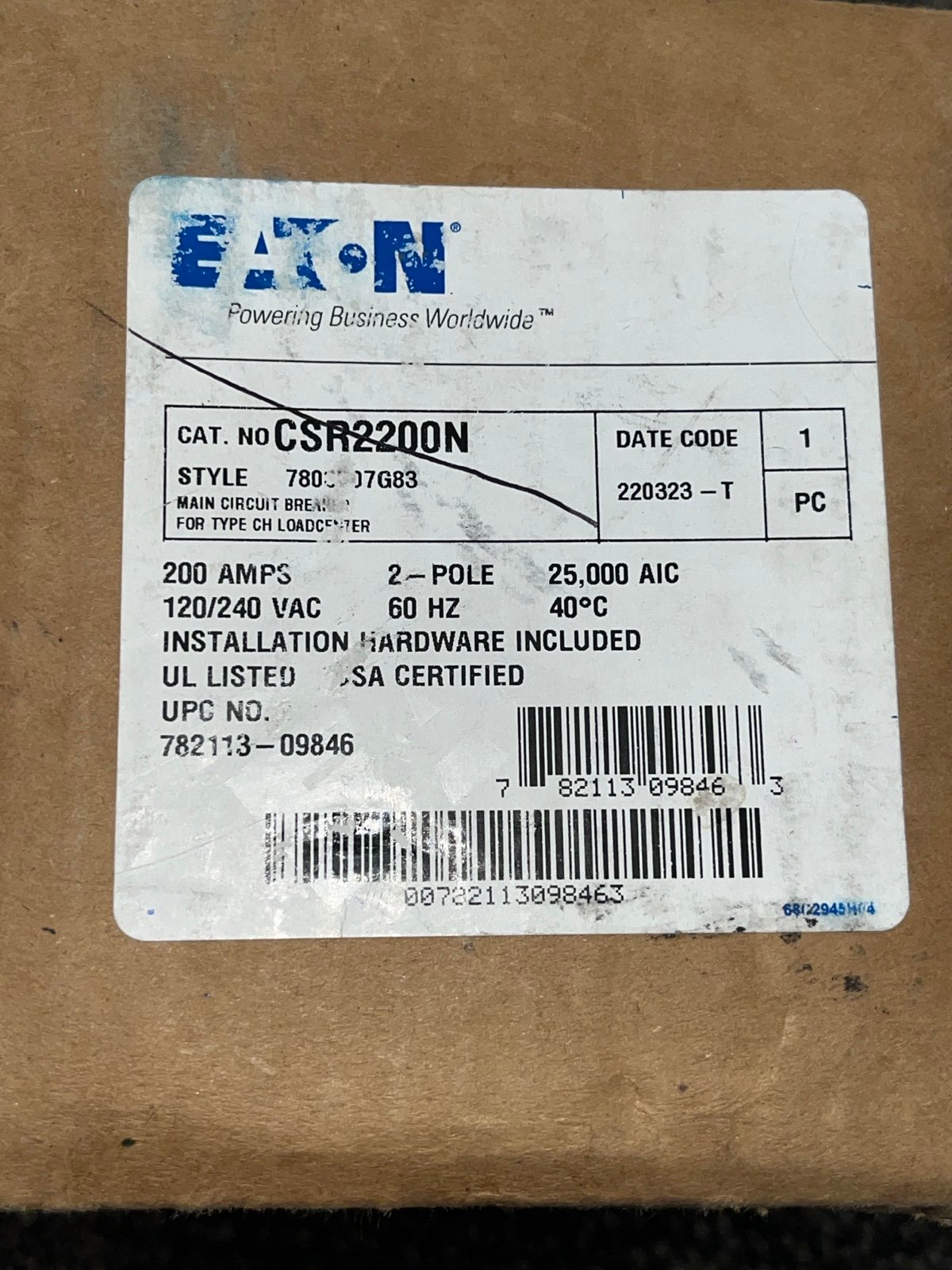 ‼️Deals‼️ Eaton CSR 200 Amp 2-Pole 25 kAIC Main Circuit Breaker