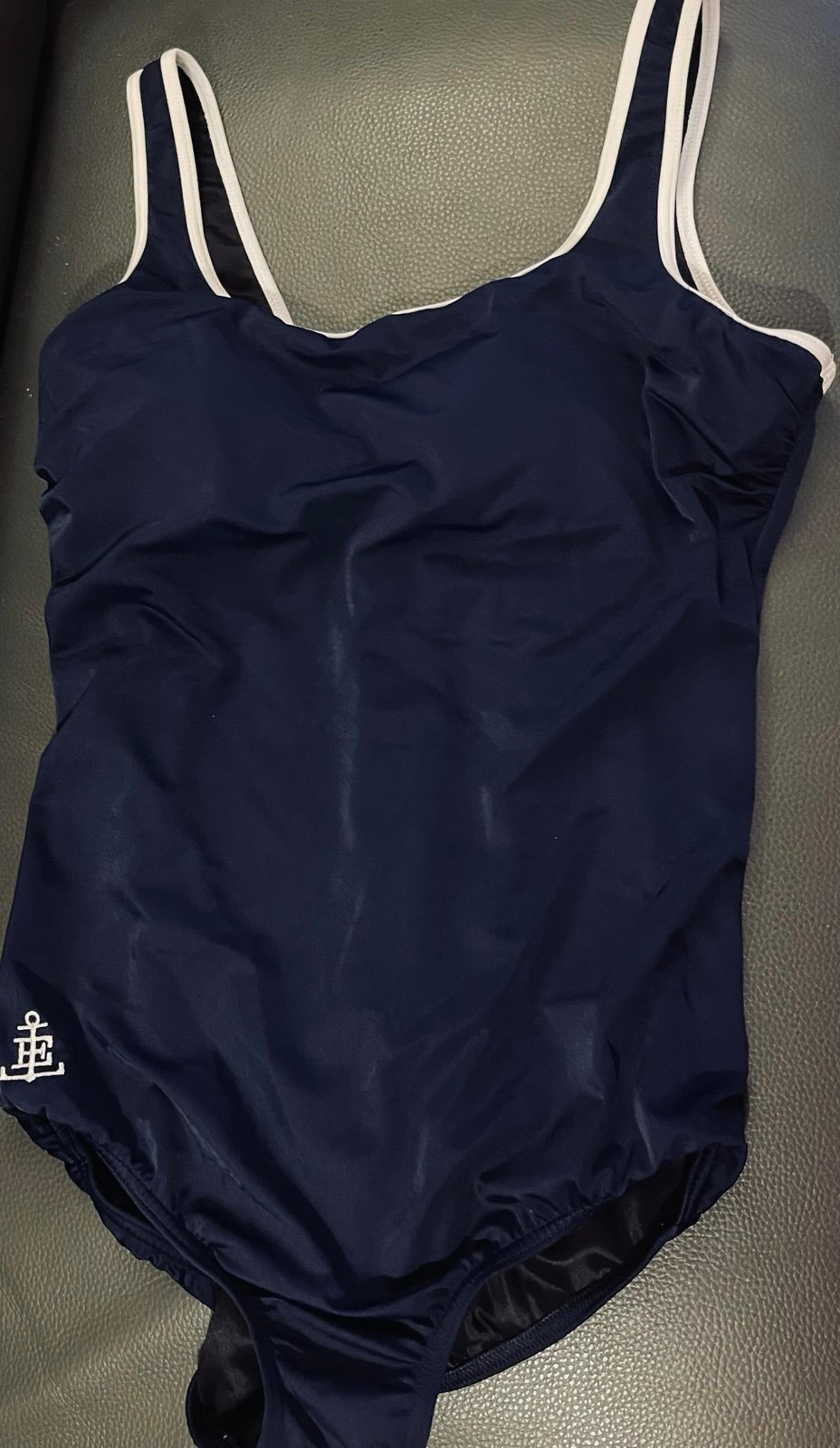 Lands End Sz 10 Navy Blue One Piece Swimsuit Nautical Theme  White Trim