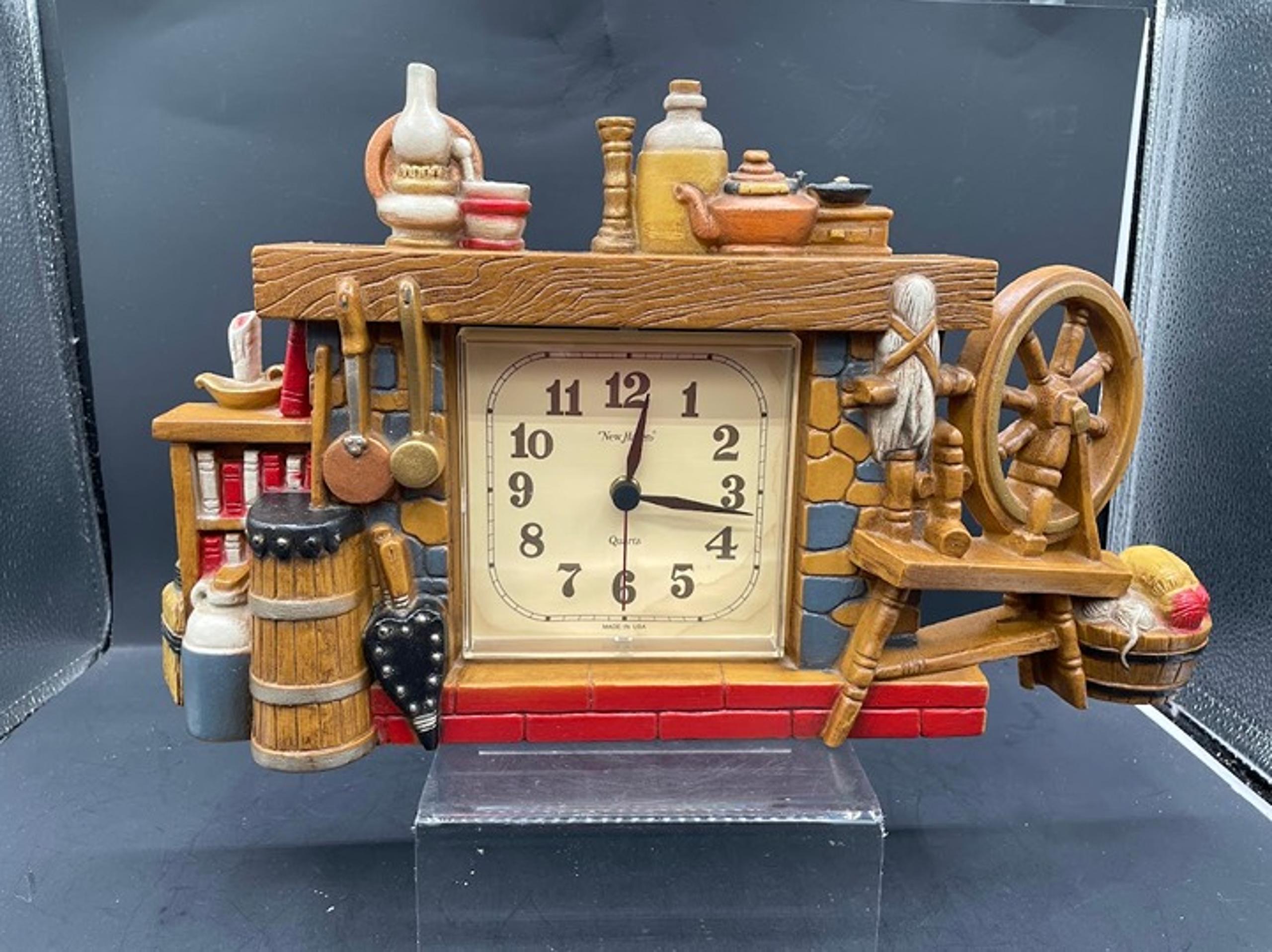 1970's New Haven Burwood Hard Plastic Clock Fireplace Spinning Wheel READ