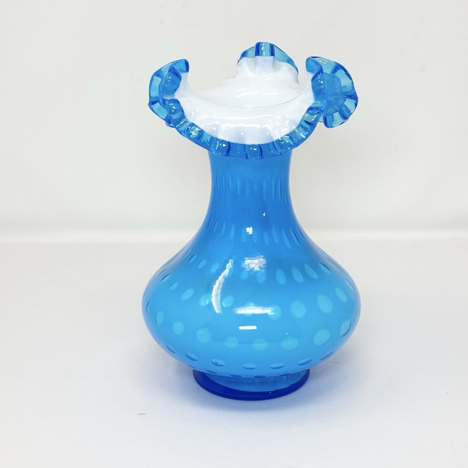 Fenton Glass Blue Overlay Cased Vase w/ Bubble Optic Ruffle Top Crimped 8 1961