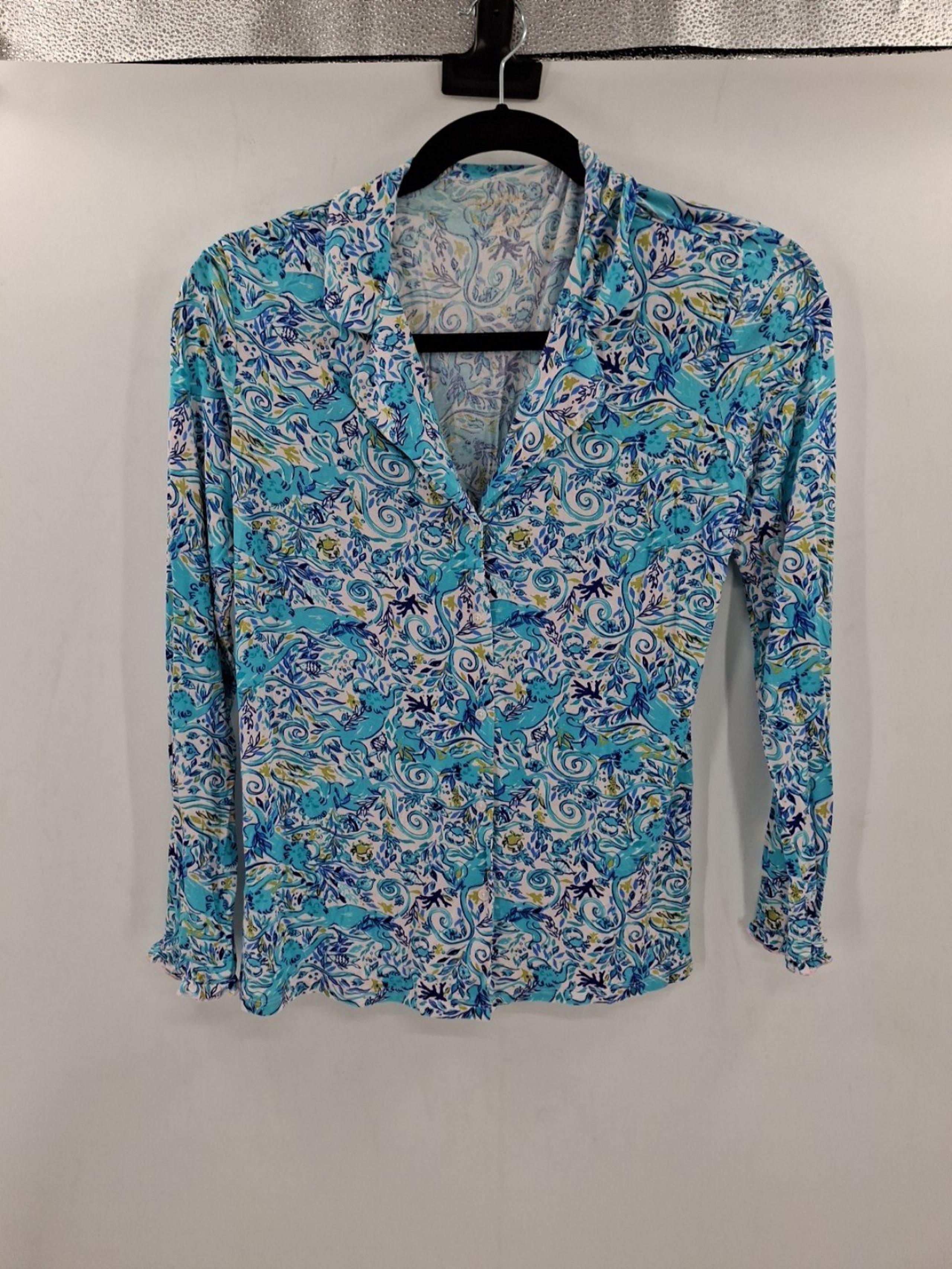 Women's Large Ruffle PJ Button Up Top Blue Monkey Sea Long... - Lilly Pulitzer