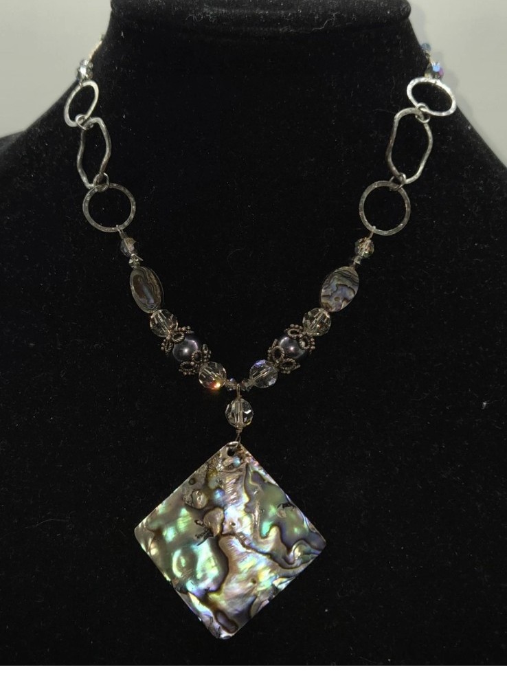 Vintage Choker Mother Of Pearl Rhombus Pendant Silvertone Linked Chain...