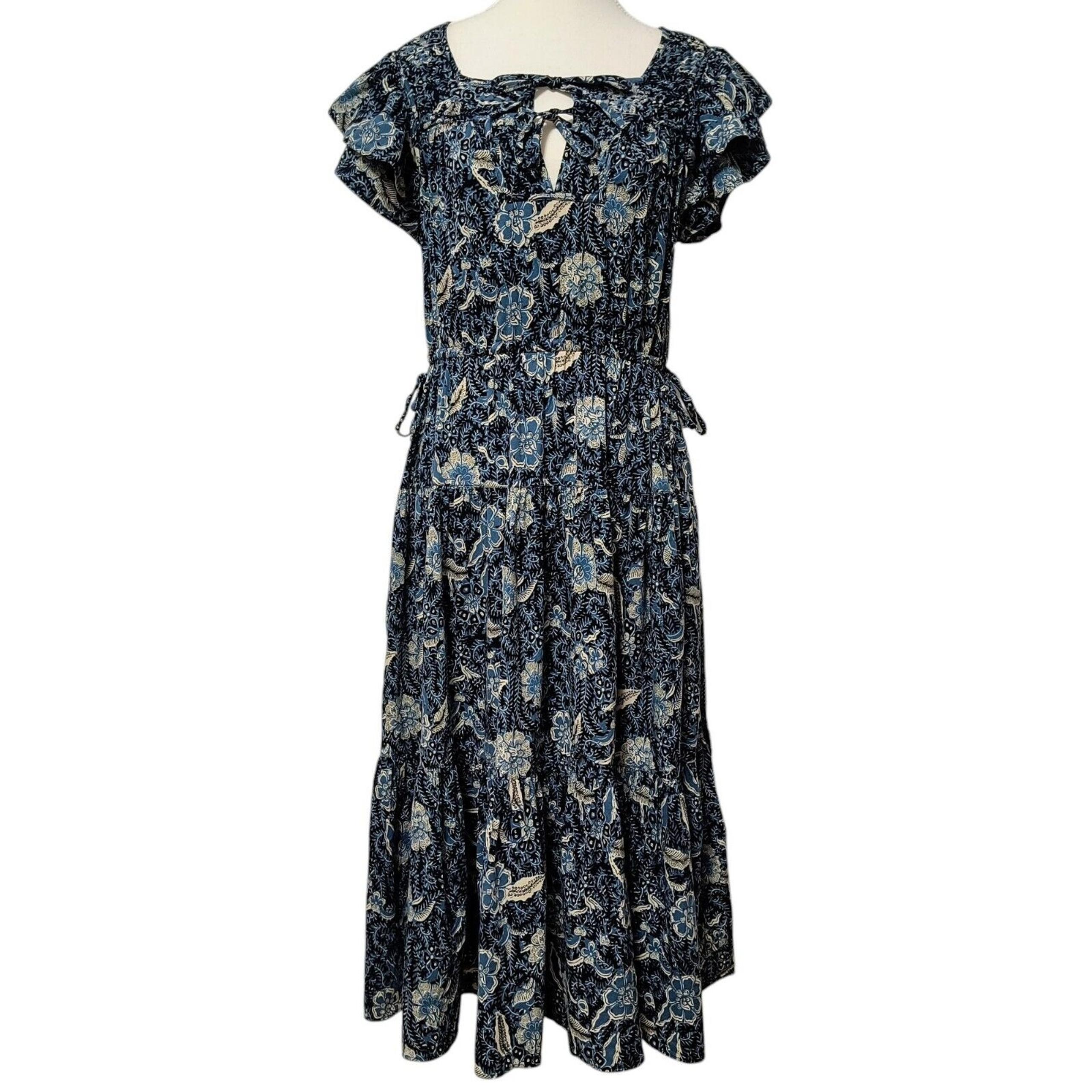 Ulla Johnson Zuma Dress Midnight Blue Size 6 Floral Midi Peasant Tiered Easter