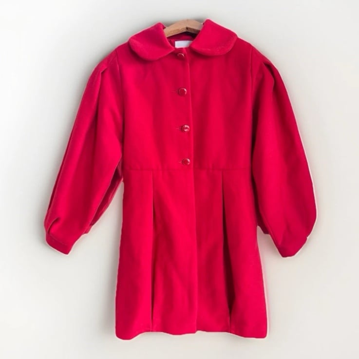 Girls Janie And Jack Red Button Down Pleated Puff Sleeve Coat Size 10-12