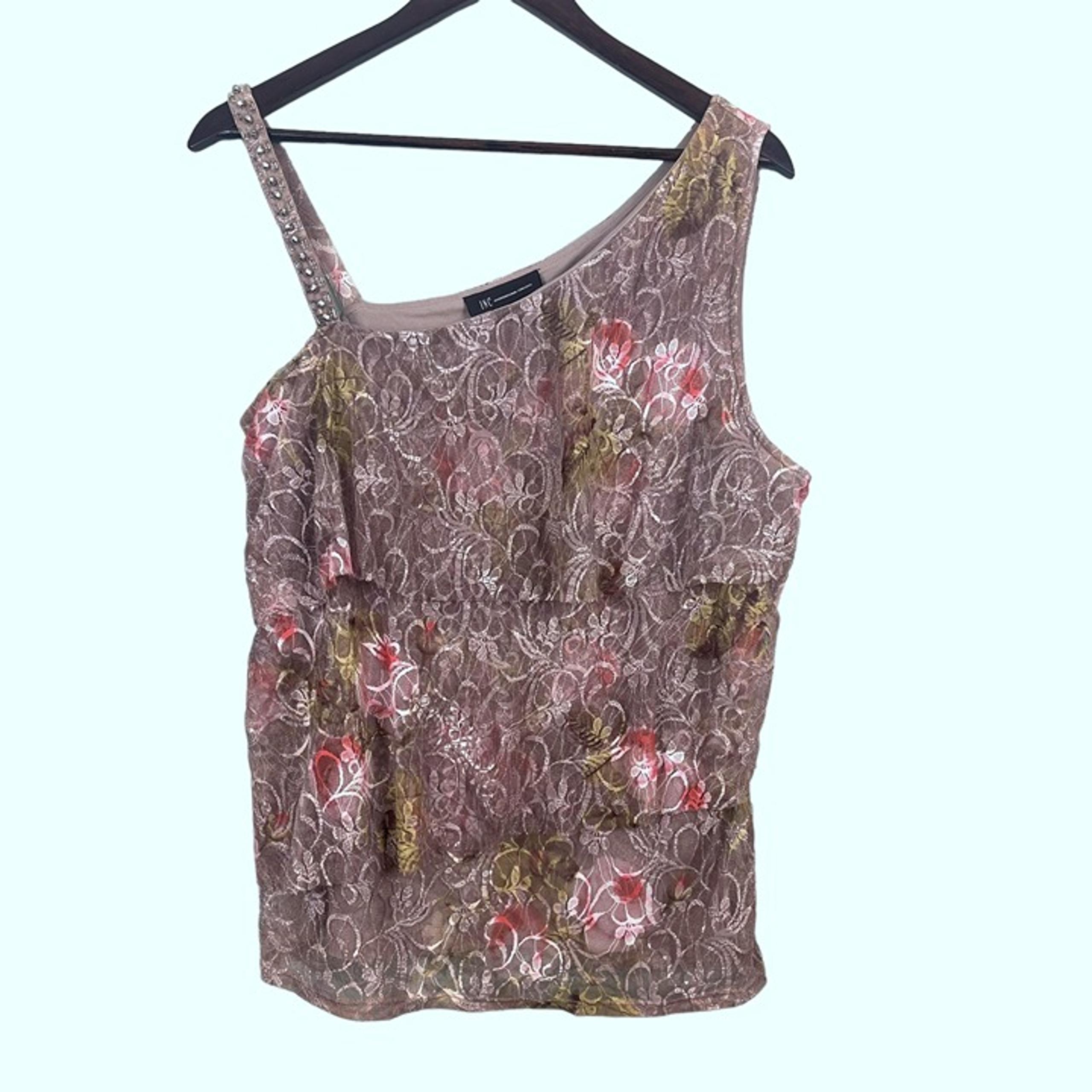 INC International Concepts Womens Lace Blouse SZ XL Tiered One Shoulder Floral