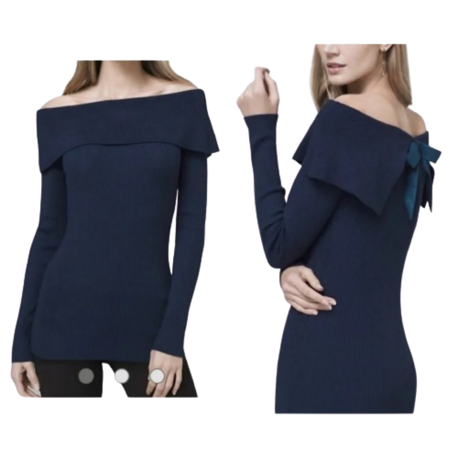 WHBM Dark Blue Ribbed Knit Sweater Bow Back Off-the-Shoulder 570245062
