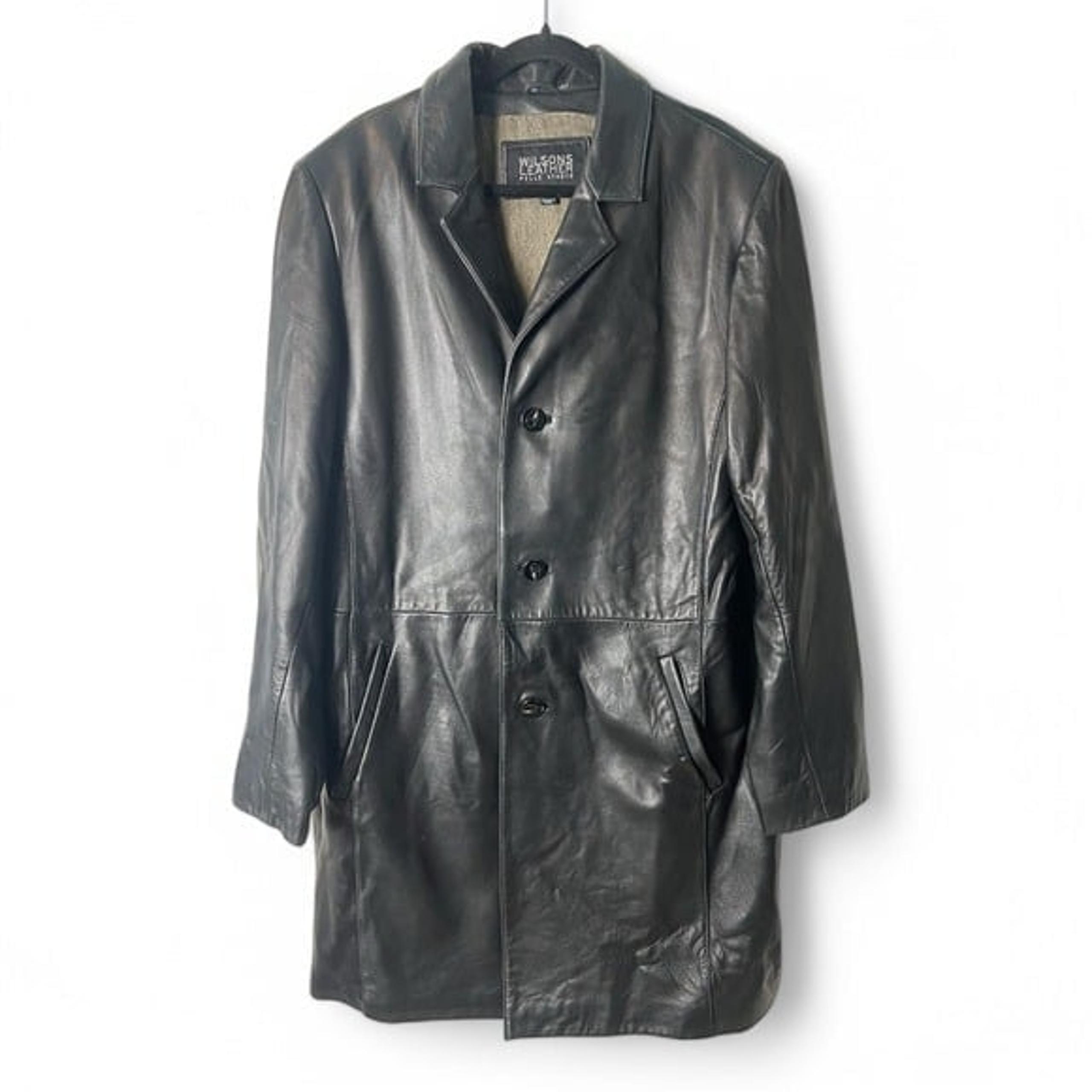 Wilson's Leather Pelle Studio Mens Long Line Leather Coat Butter Soft Black Sz L