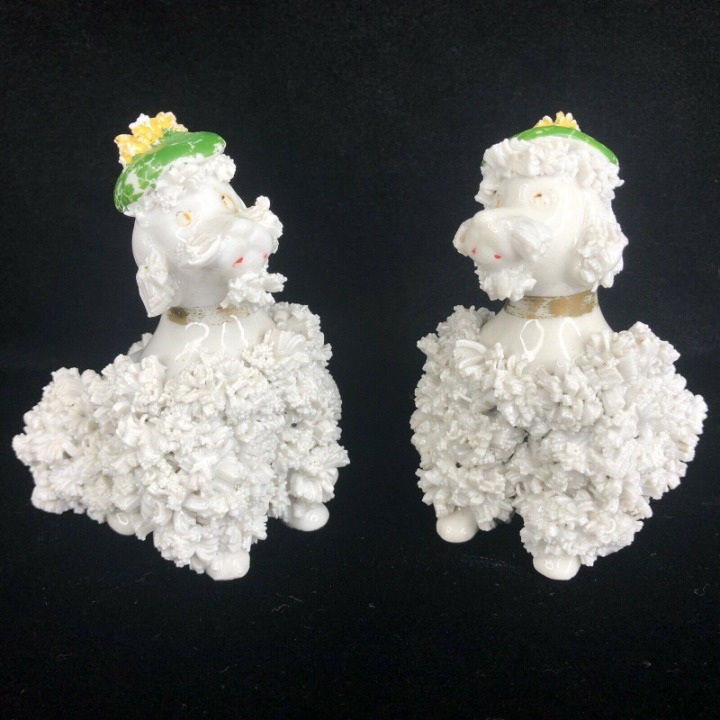 2 Vintage White Porcelain Spaghetti Poodle Dogs Wearing Green Beret Hat Figurine