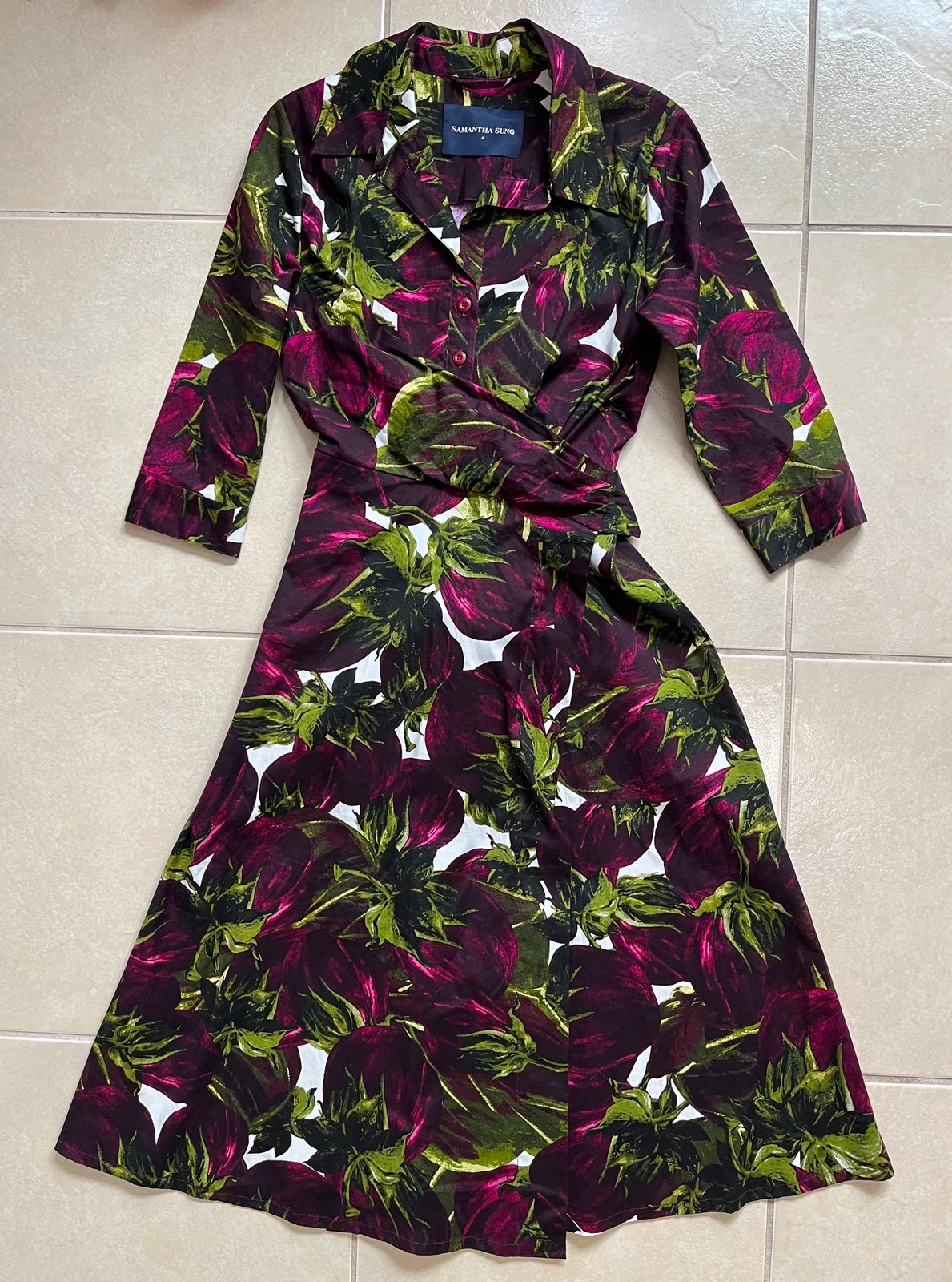 Samantha Sung Women’s 3/4 Sleeve Fruit Print Wrap Midi Shirtdress Purple/Green,4