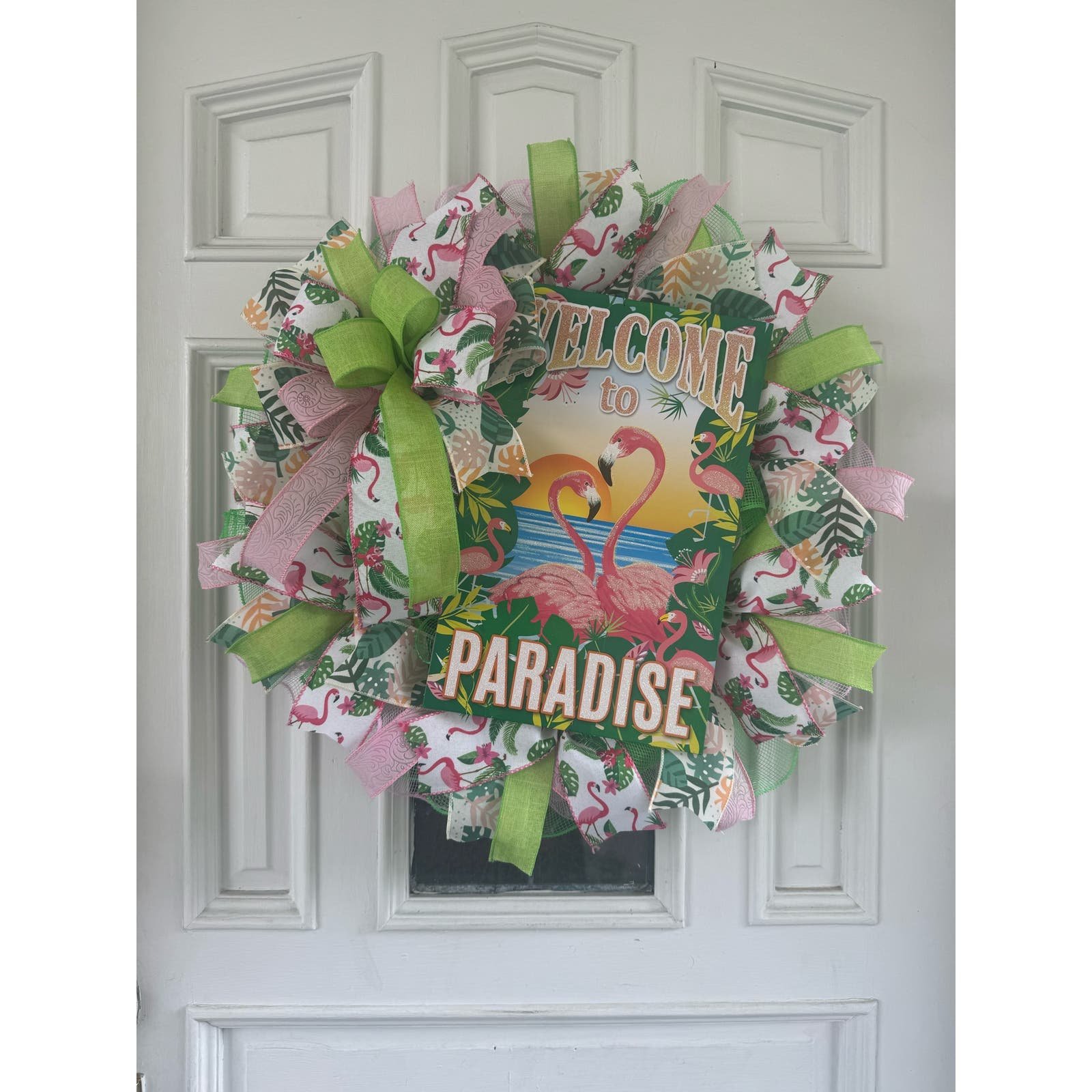 Welcome to Paradise Pink Flamingo Deco Mesh Ribbon Tropical Spring Summer Wreath