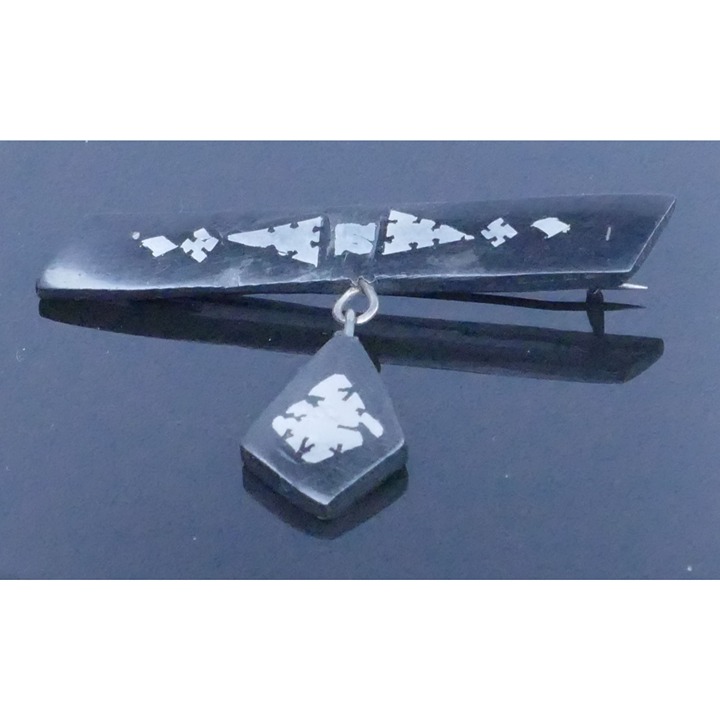 Victorian Era Black Horn & Silver Pique Bar Brooch With Dangle
