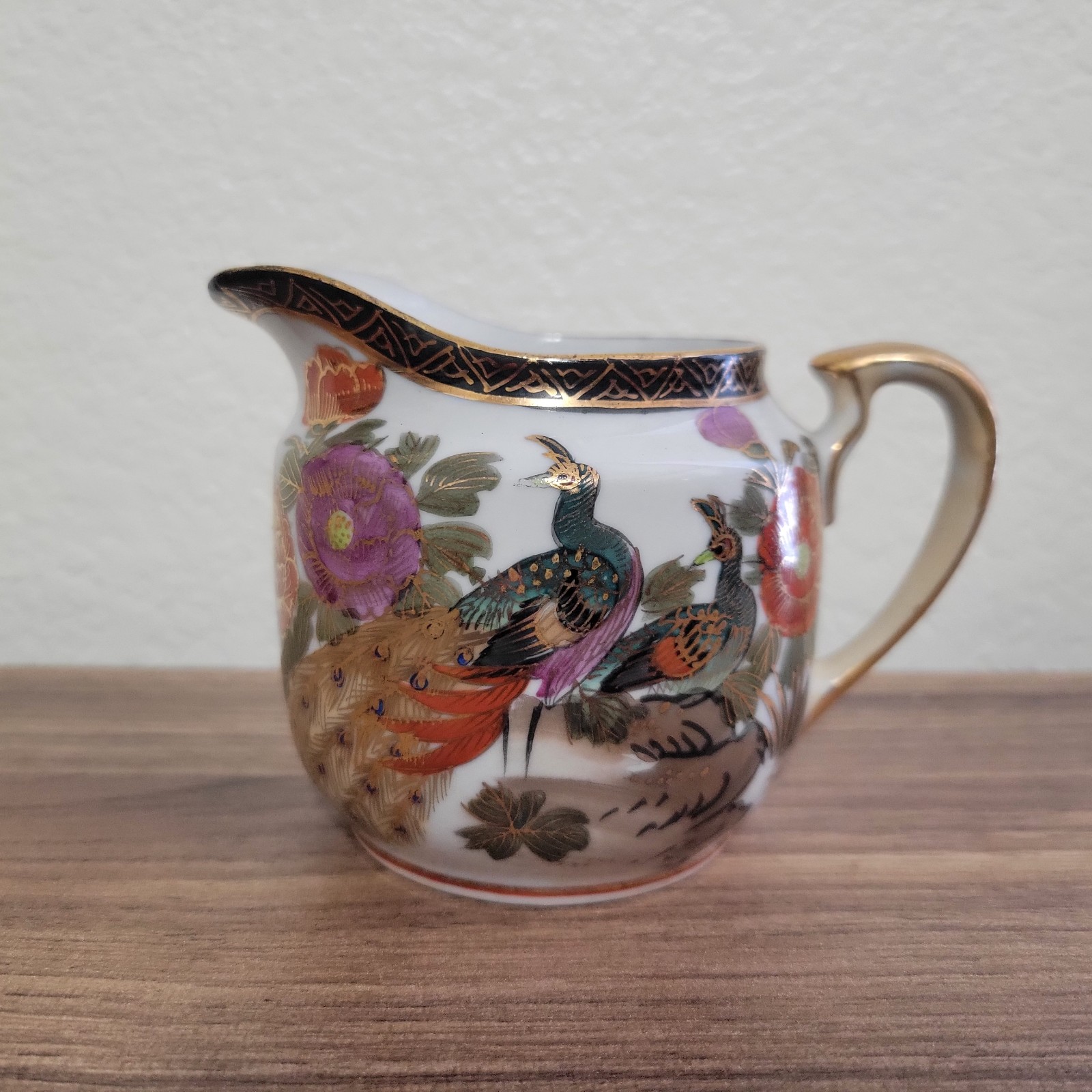 Vintage Japanese Kutani Porcelain Creamer Hand Painted Floral Bird Pheasant