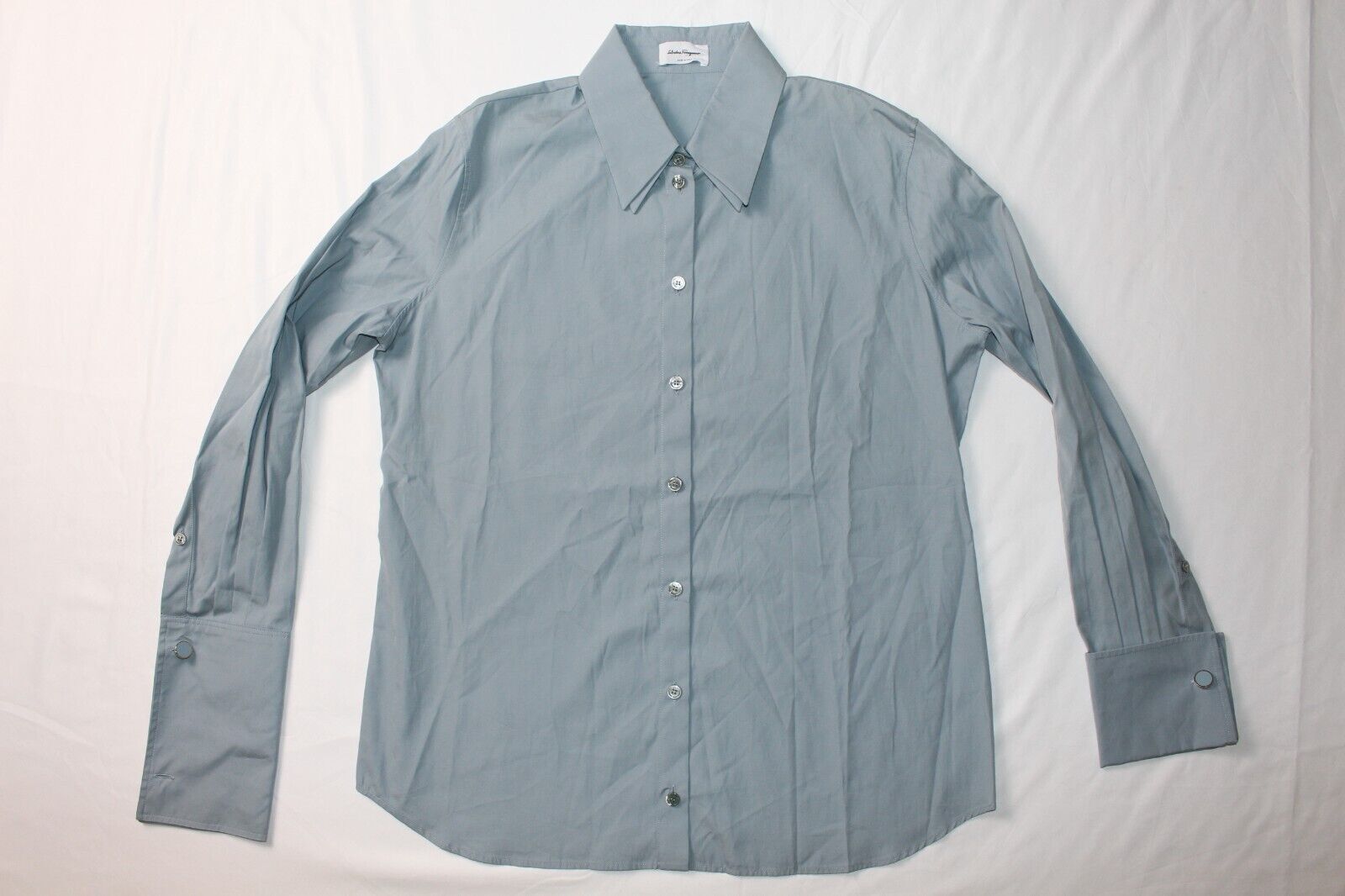 NWT Mens Salvatore Ferragamo Plain Dress Shirt Blue Haze Gold Accents Sz IT 42 R