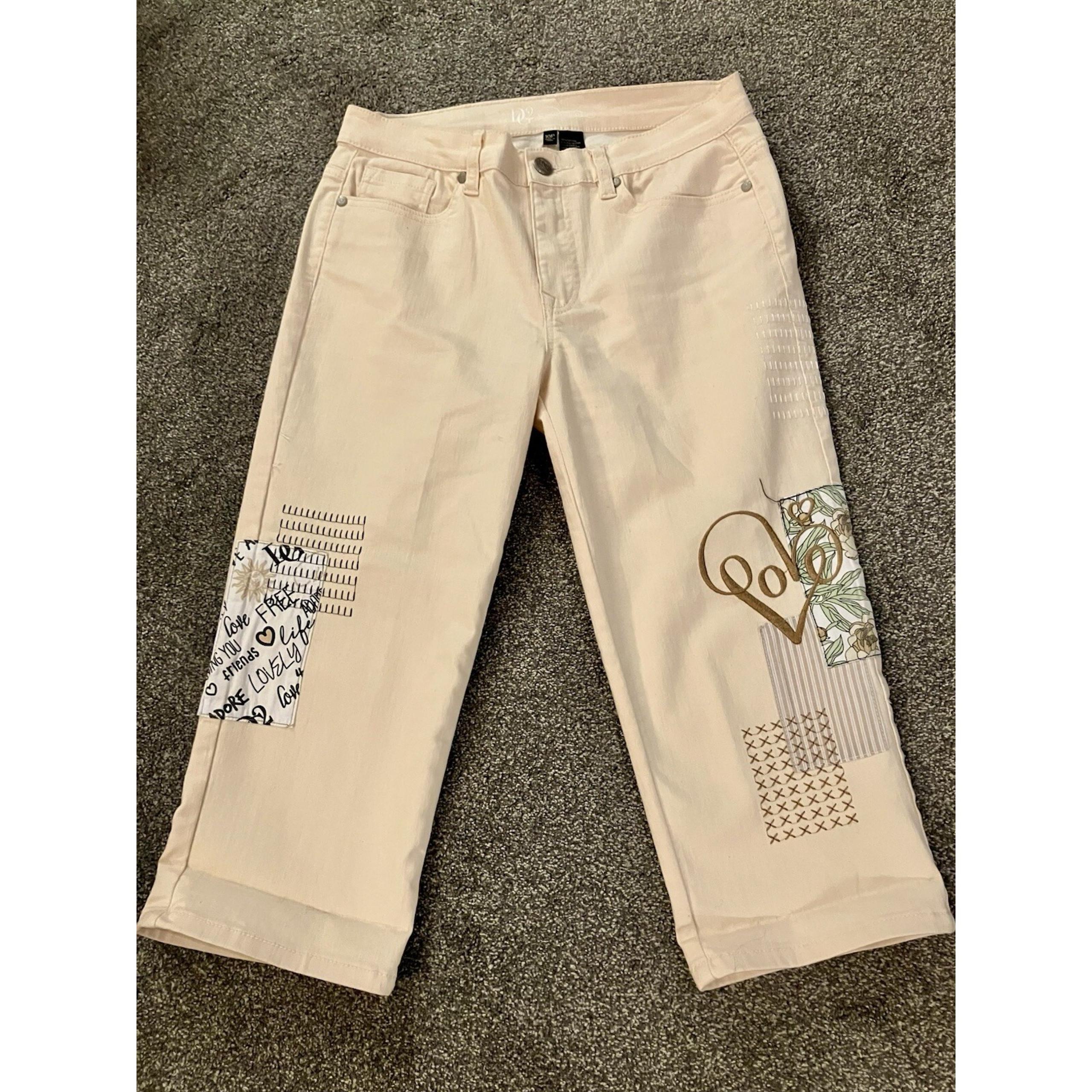 DG2 Ivory Floral Flower Embroidered Crop Jeans Size 10P Petite Pant - Diane Gilman