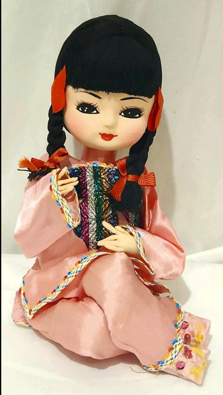 DollVintage Asian Pose Girl Doll Sitting Satin Pink Clothes Black Hair Braids