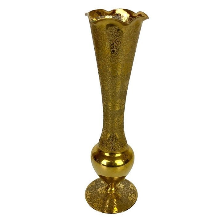 Gold Gilt Plated Etched Glass Bud Vase Floral Pattern Scalloped Edge Vintage
