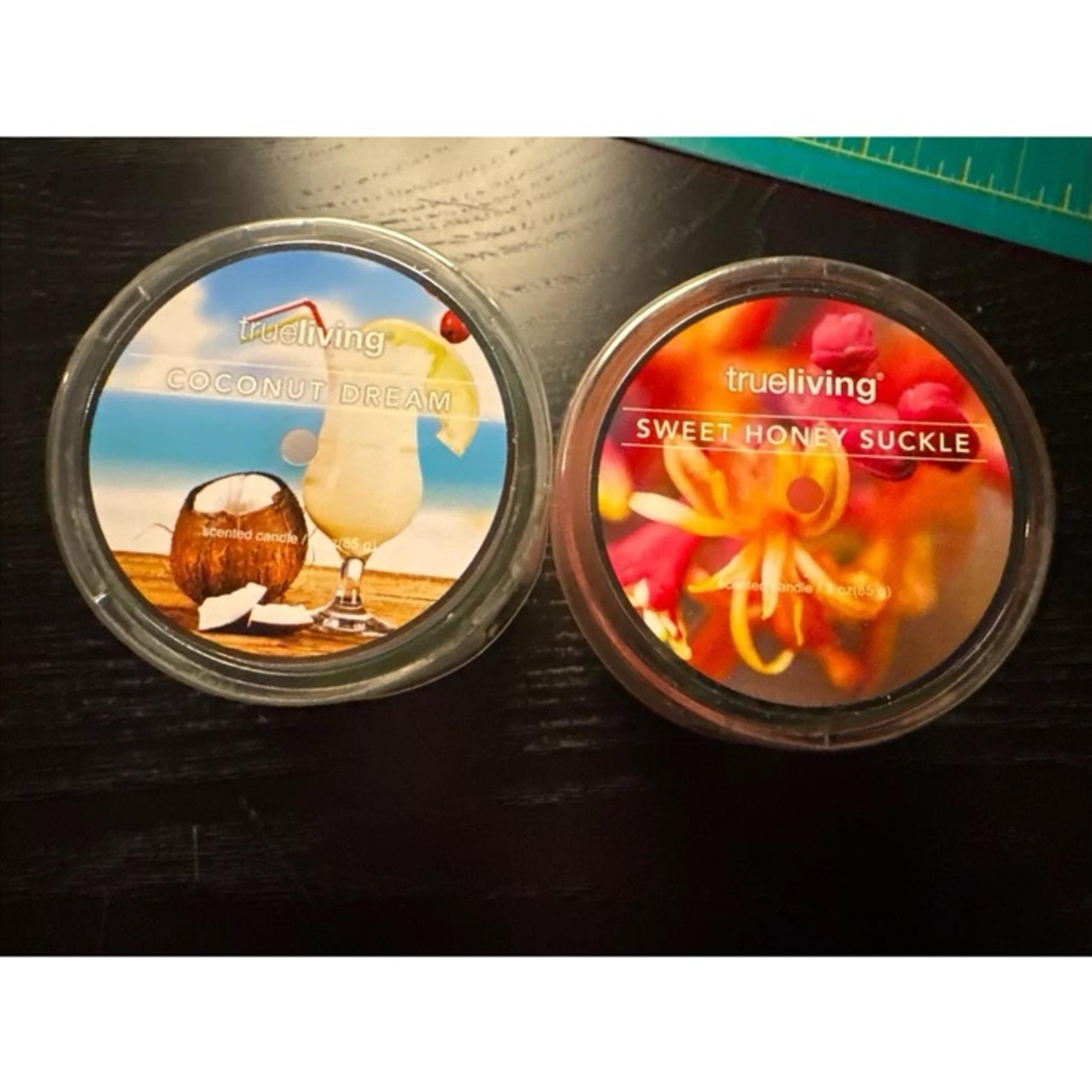 2x True Living Scented Candles: Coconut Dream & Sweet Honey Suckle, 3 Oz Each