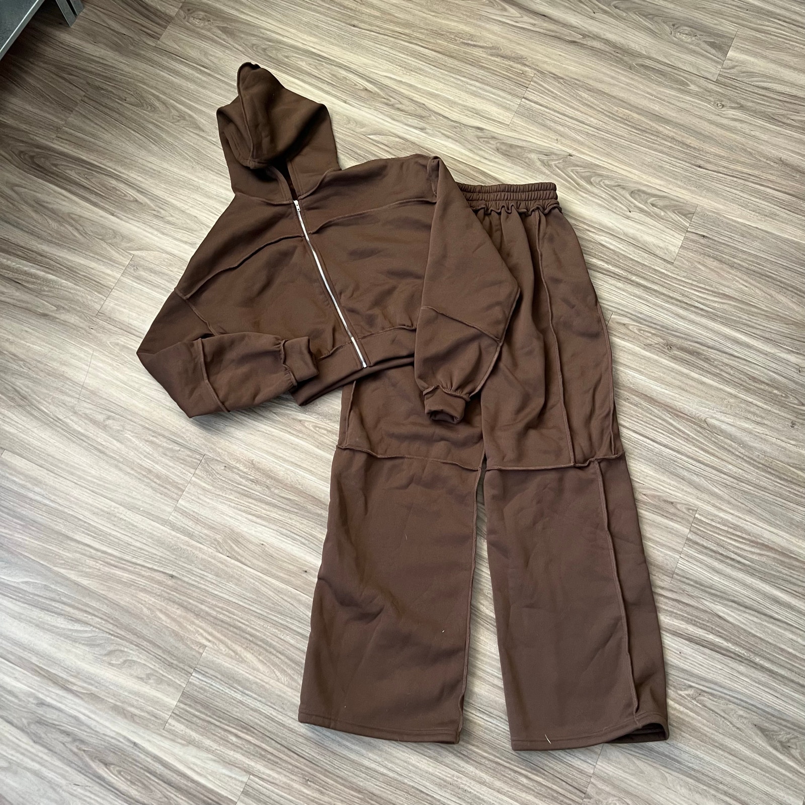 Brown Wide-Leg Zip Hoodie Sweatsuit Set