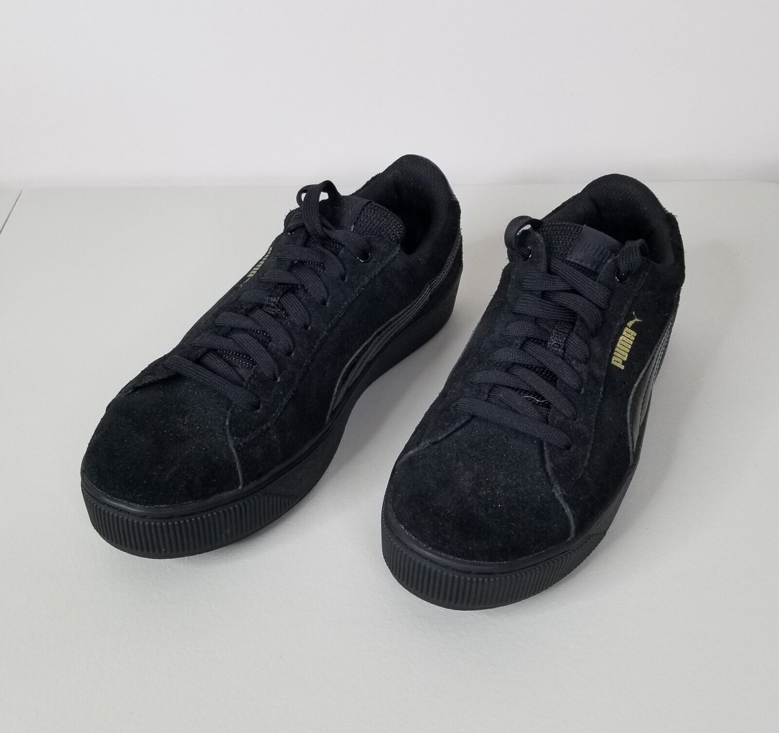 Womens Puma Vikky Staked Black Suede Patent Leather Comfort Insert Gold Accent