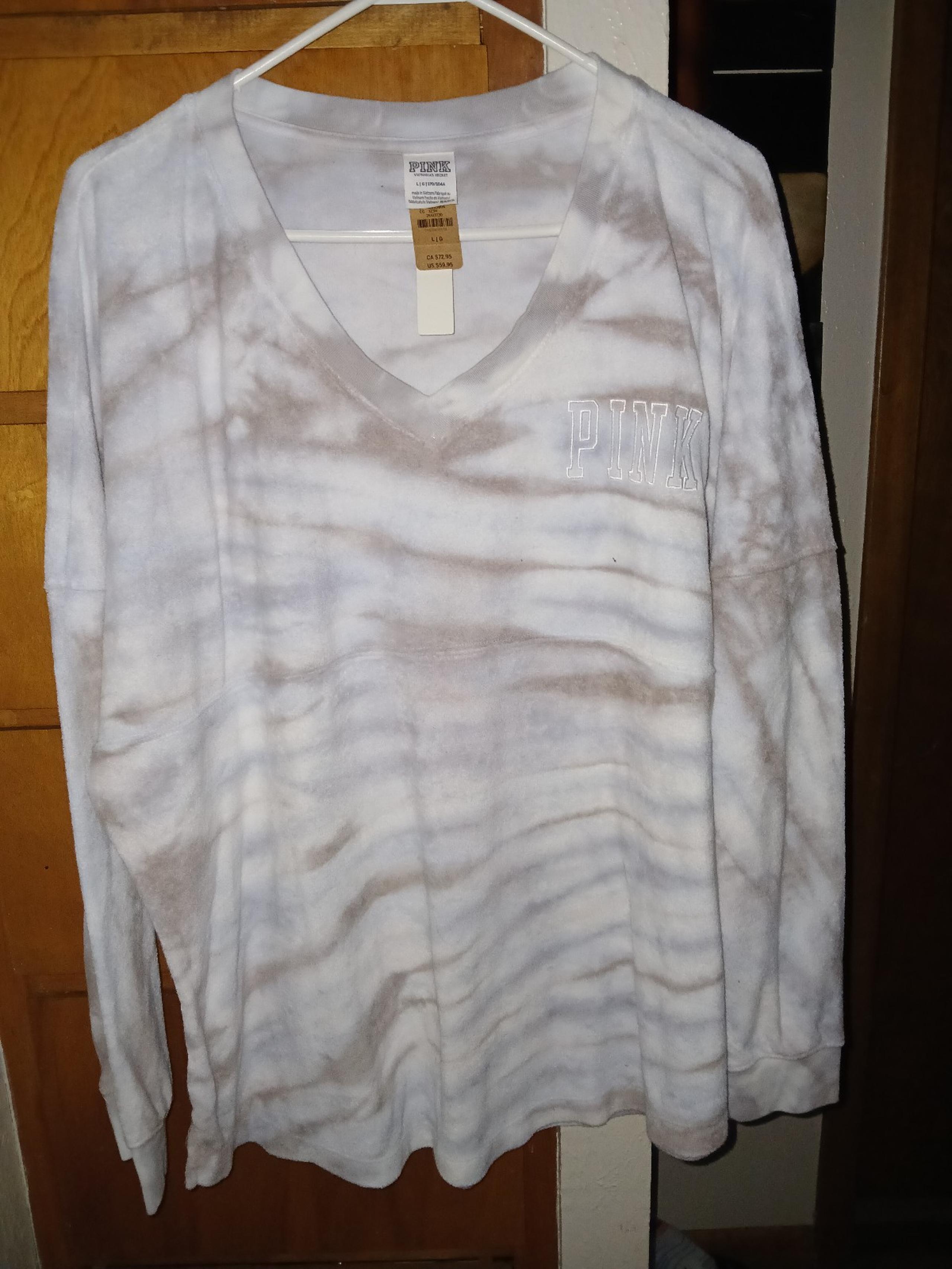 Victorias Secret Large Terry V-Neck Pullover Oversized Sweatshirt Tie Dye - PINK
