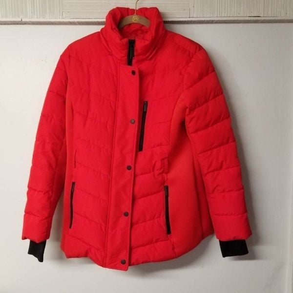 London Fog Womens Medium Puffer Jacket Red Black Zip Up Stretch Mock Neck Pocket