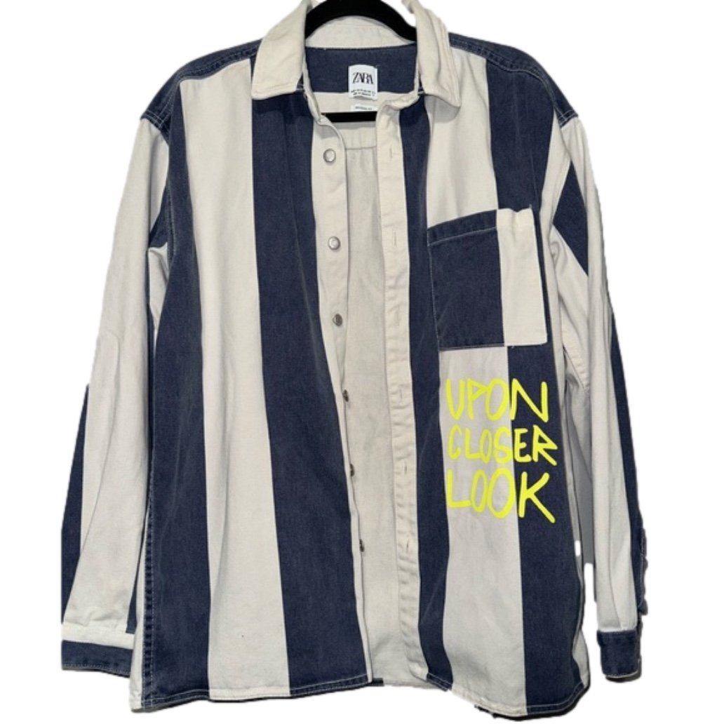 Men's Zara Dance the Days Away Striped Denim Jacket, Medium