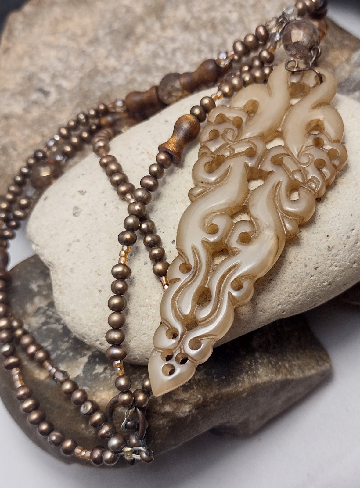 Vintage Carved Stone Pearl Glass Beaded Necklace Artisan