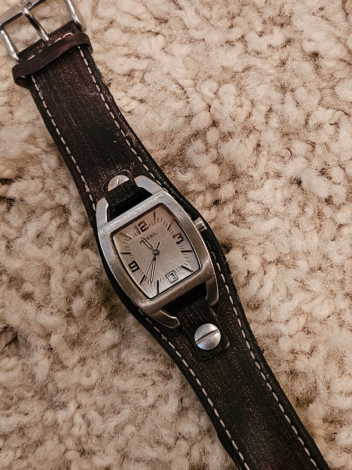 JR8130 Ladies Vntg Fossil Leather Cuff Two Tone Watch