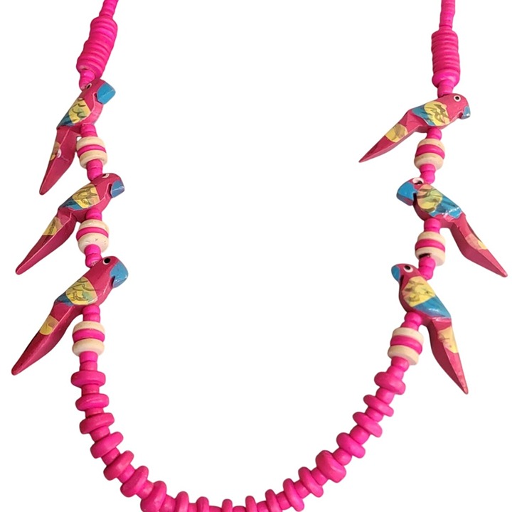 Parrot Vintage 80s Wood Necklace Set Earrings Colorful Pink Jewelry Women Gift