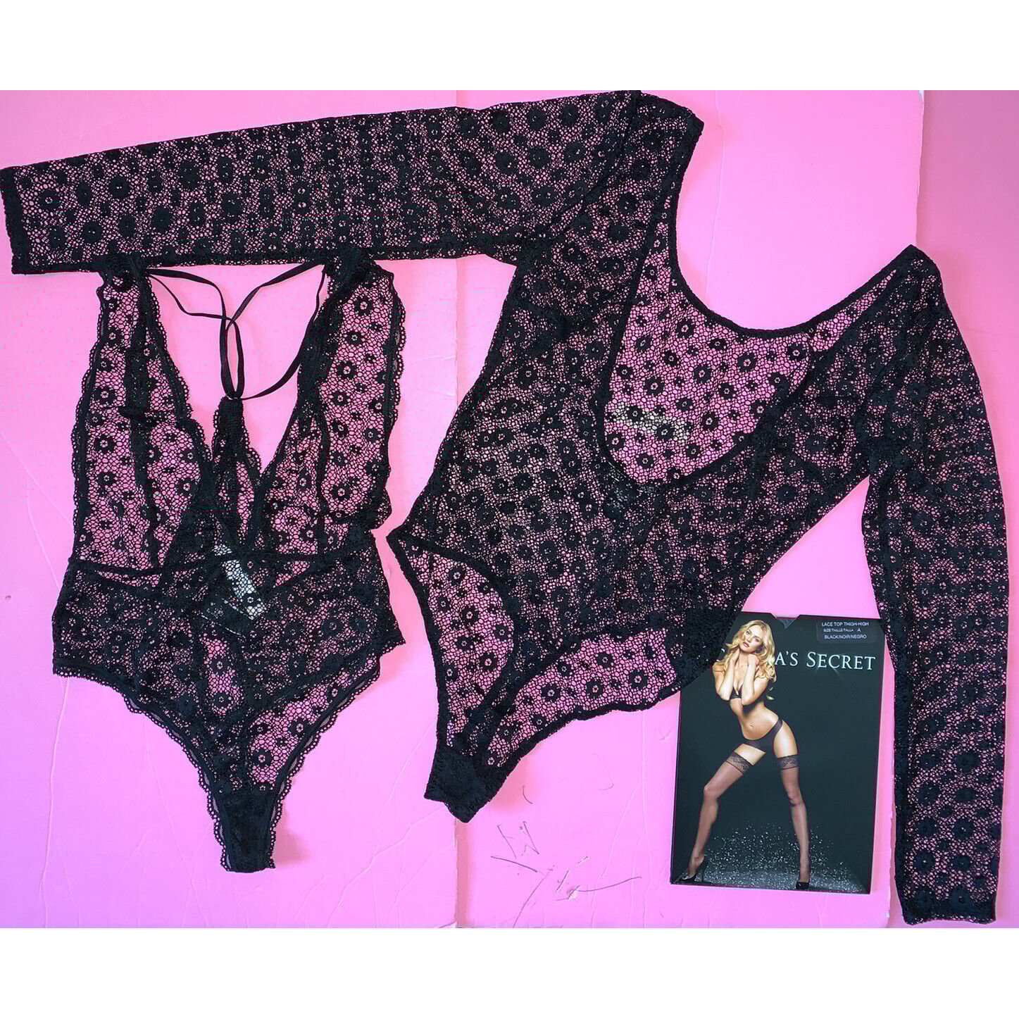 Victoria's Secret S TEDDY+long-sleeve one-piece+thigh-highs BLACK floral lace