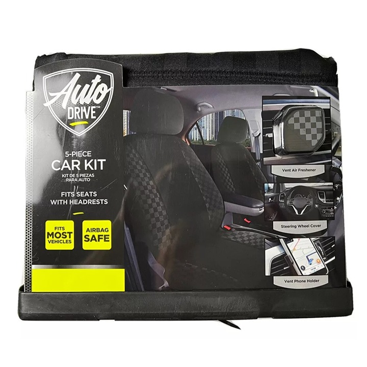 Auto Drive 5-Piece Car Kit Seat Covers Wheel Cover Air Freshener Phone Holder