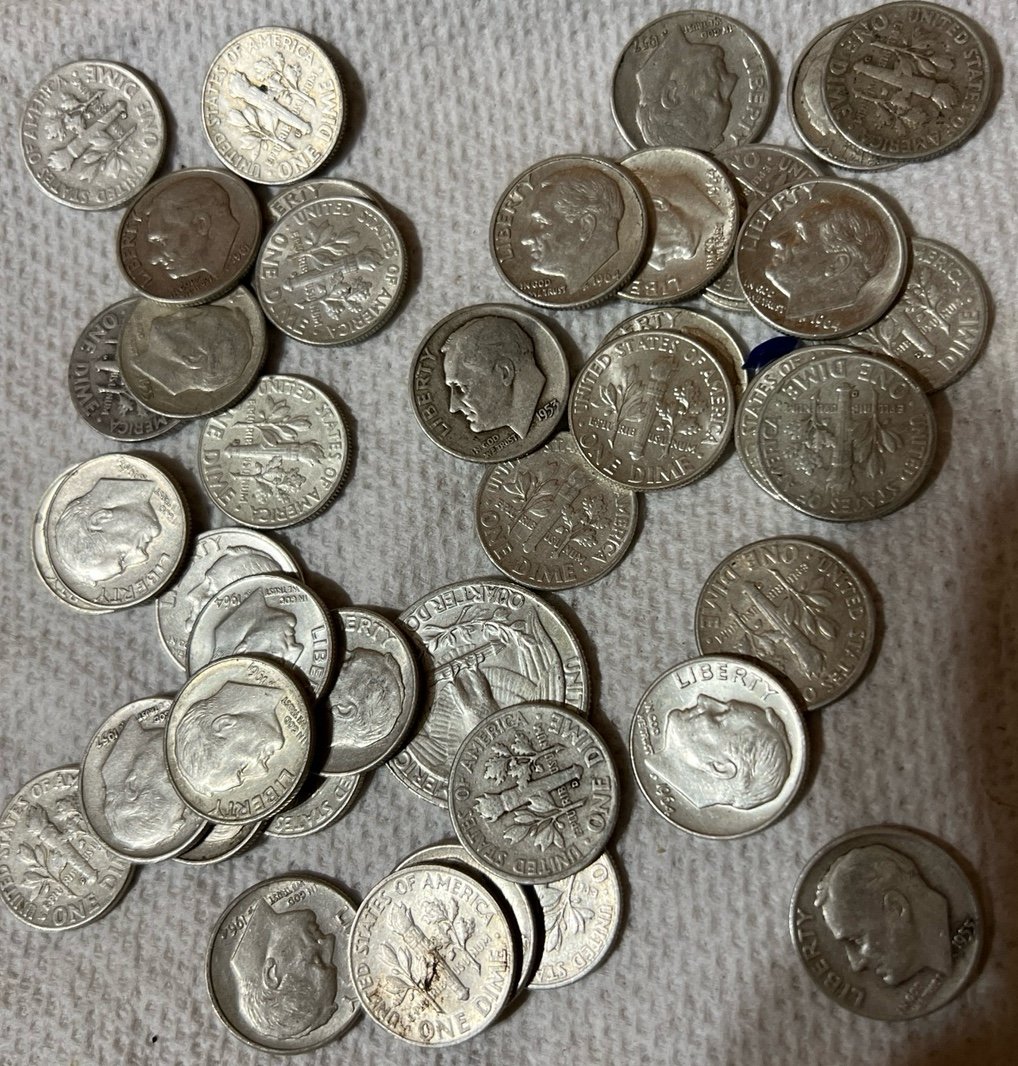 1964 Roosevelt dimes 50 dimes full roll $5 face value